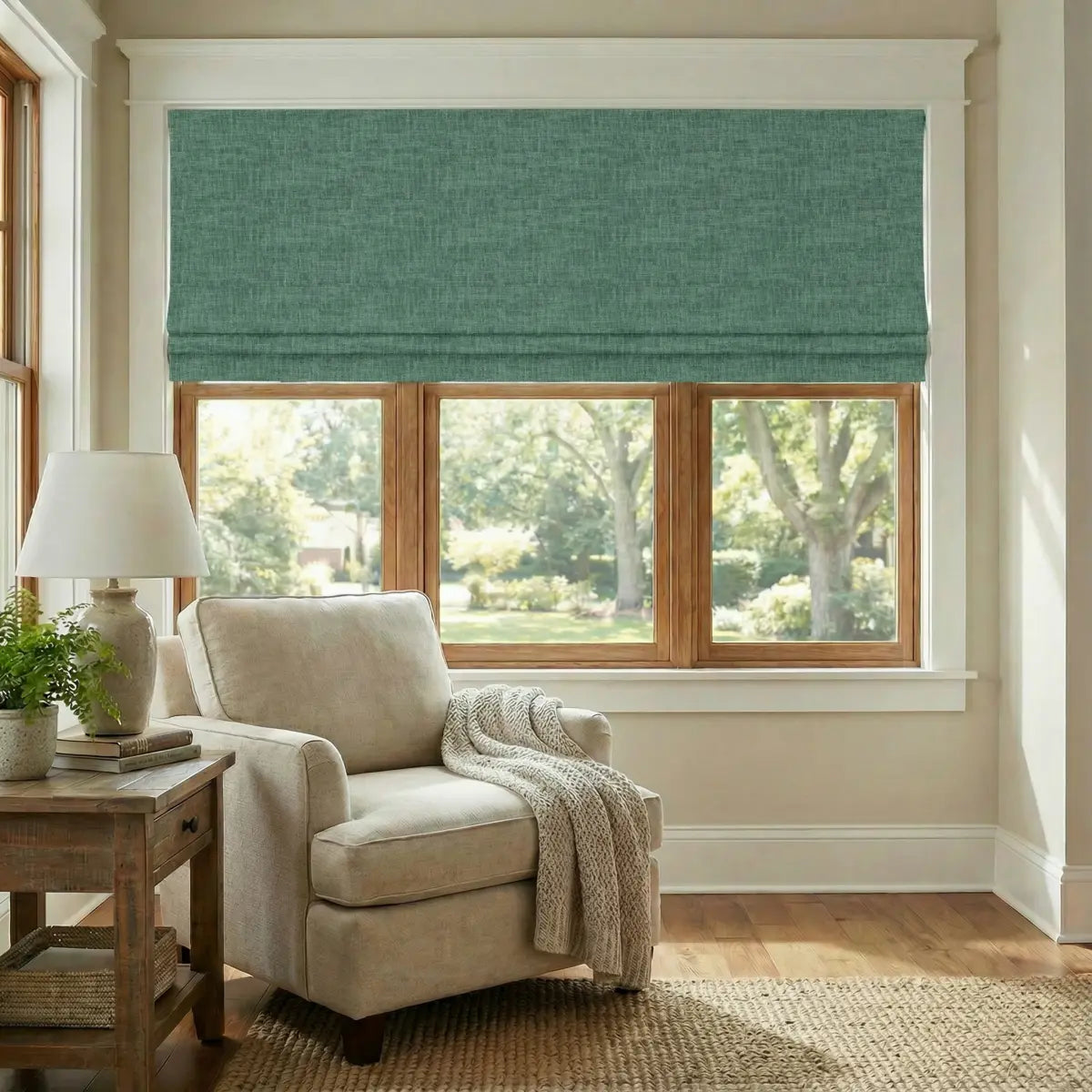 DraperyUS Custom Roman Shades - Emerald Slub - A vibrant, deep green featuring characteristic fabric slubs.