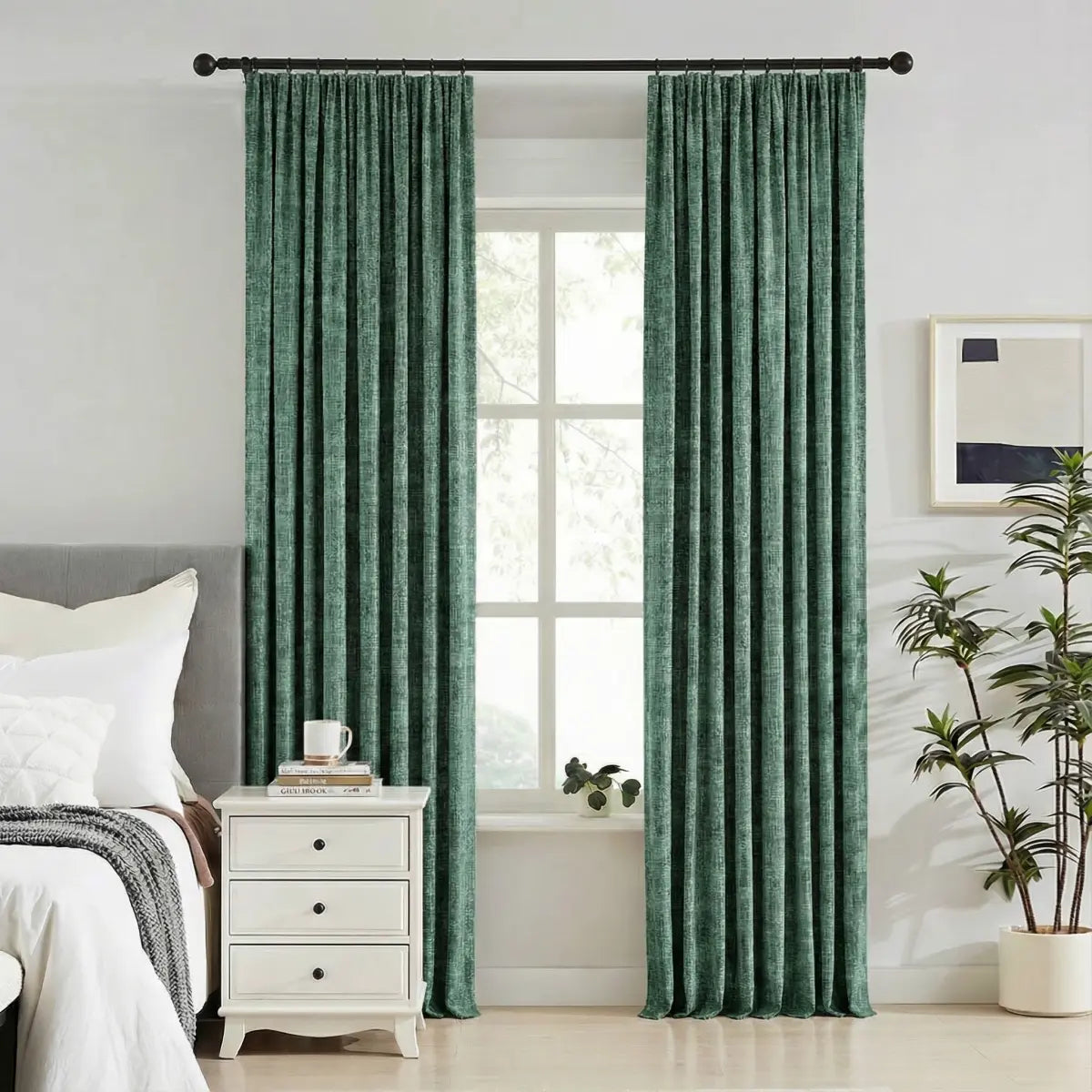 DraperyUS Custom 100% Blackout Linen Curtains - Emerald Slub - A vibrant, deep green featuring characteristic fabric slubs.