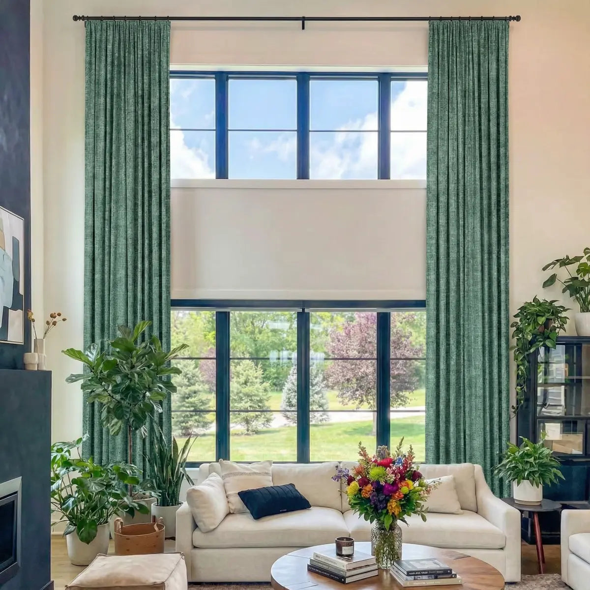 DraperyUS Costom Extra Long 100% Blackout Linen Curtains - Emerald Slub - A vibrant, deep green featuring characteristic fabric slubs.