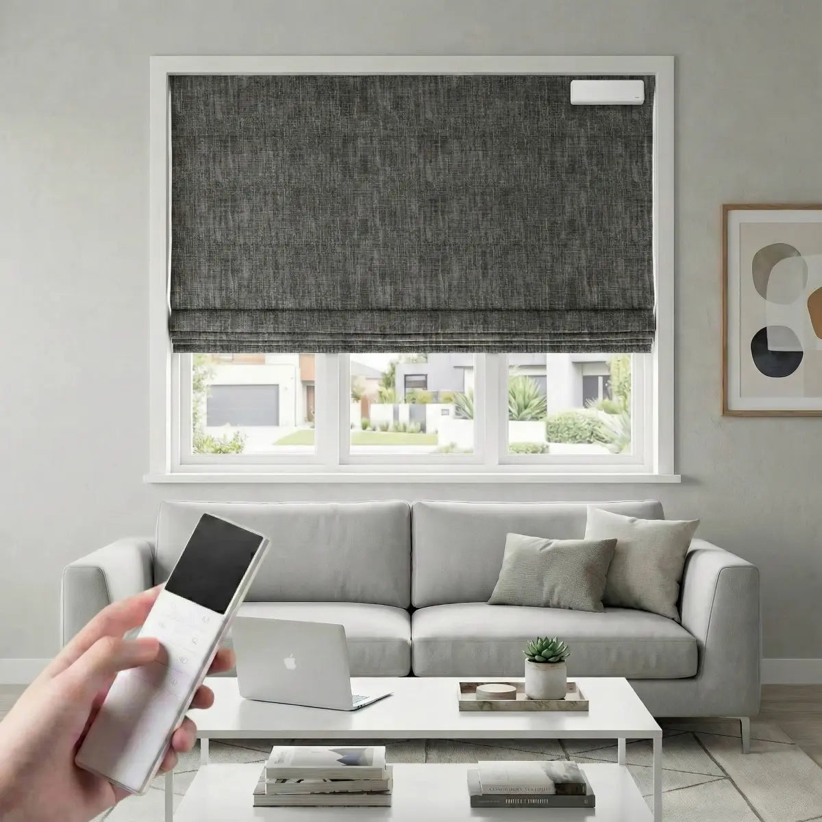 Custom 100% Blackout Motorized Roman Shades, Magnetic Battery-operated, Bamboo Texture.
