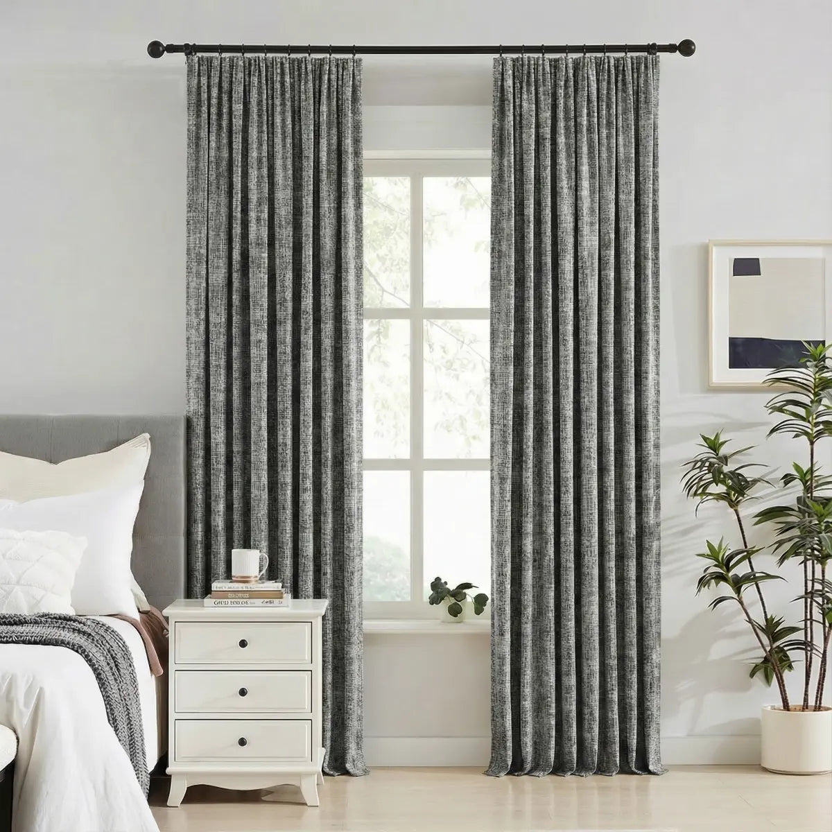 DraperyUS Custom 100% Blackout Linen Curtains - Granite Grey - A solid and modern stoney grey with linen texture.