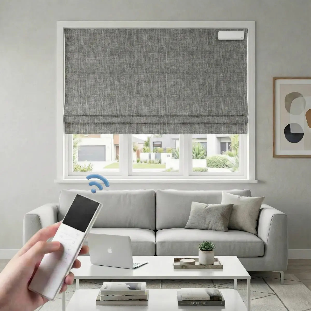 Custom 100% Blackout Motorized Roman Shades, Magnetic Battery-operated, Bamboo Texture.