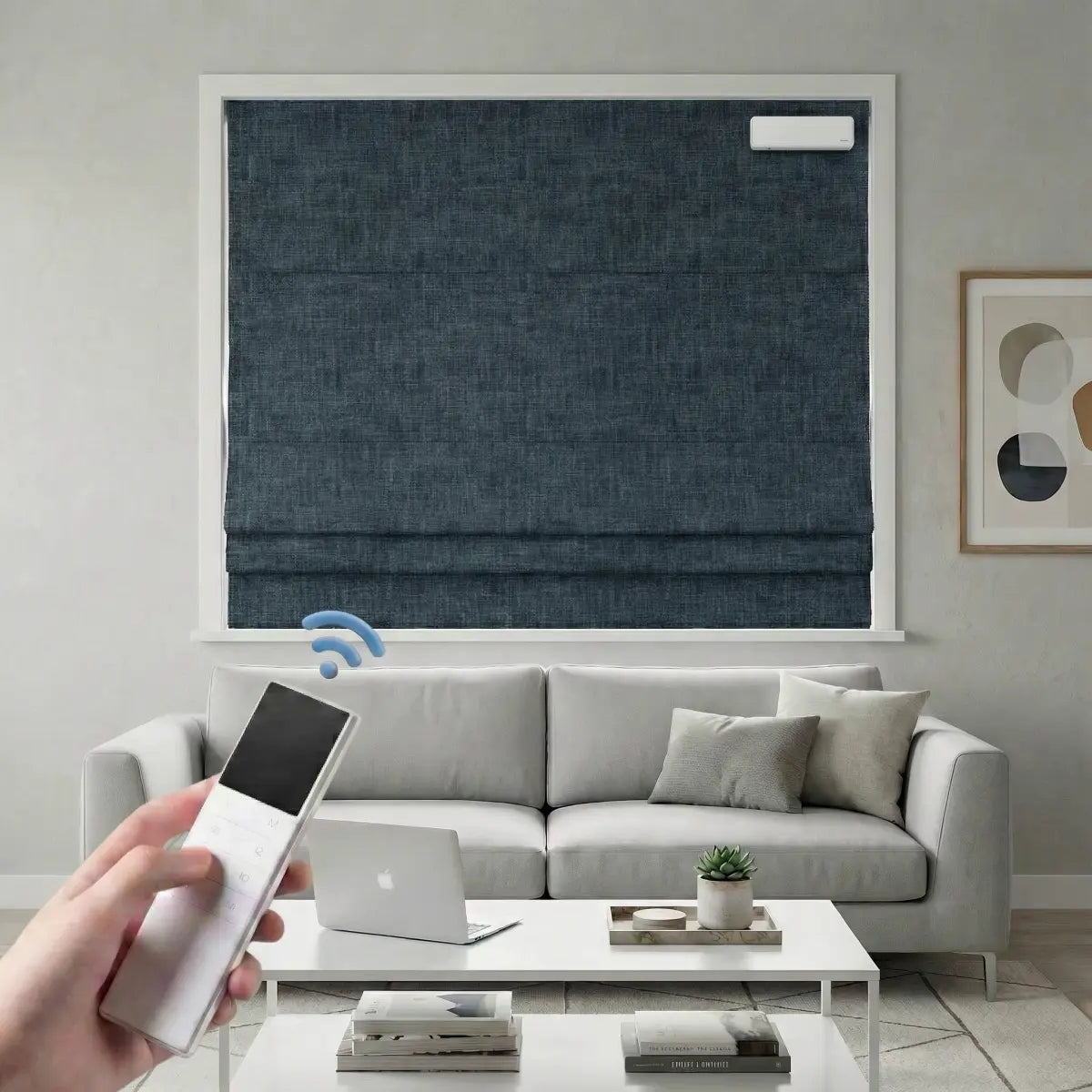 Custom 100% Blackout Motorized Roman Shades, Magnetic Battery-operated, Bamboo Texture.