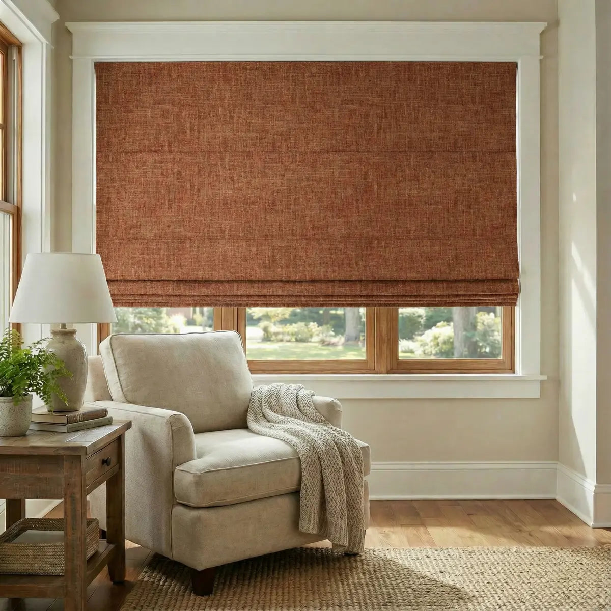 DraperyUS Custom Roman Shades - Burnt Sienna - A rich, fiery earthy orange for a cozy and bold statement.