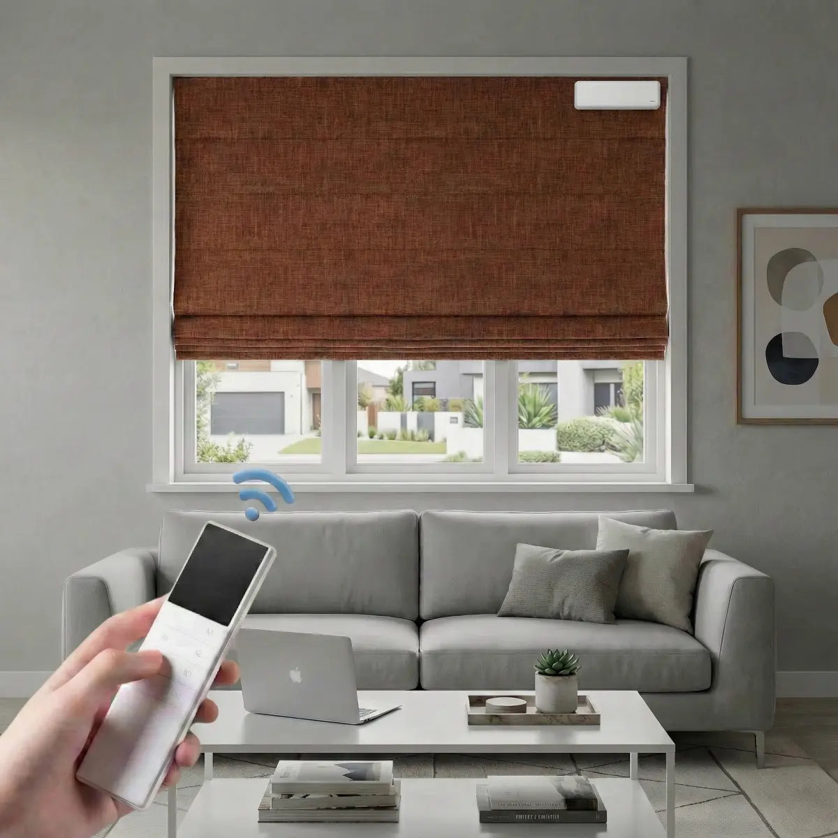 Custom 100% Blackout Motorized Roman Shades, Magnetic Battery-operated, Bamboo Texture.