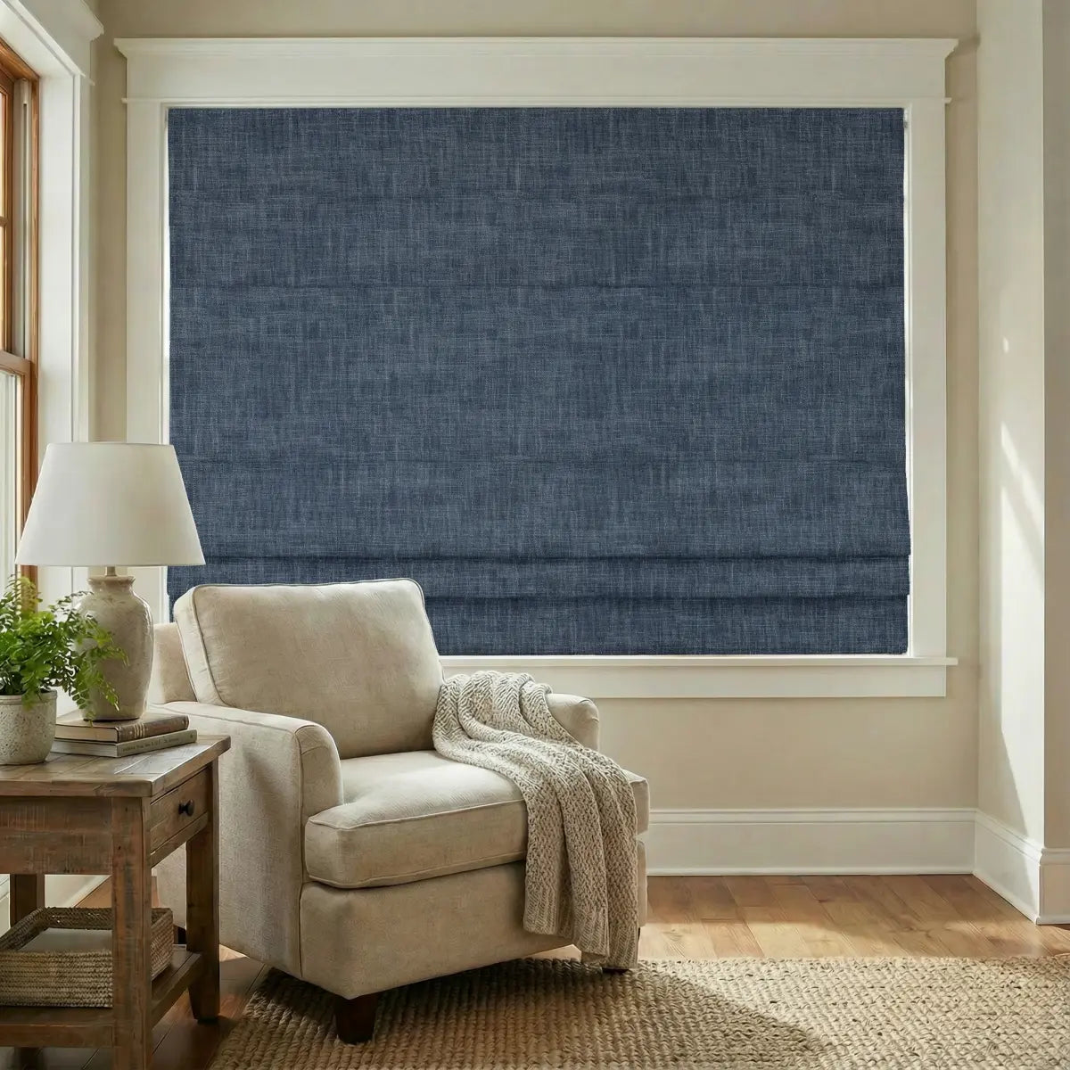 DraperyUS Custom Roman Shades - Dusty Indigo - A deep, romantic blue with a soft, muted greyish finish.