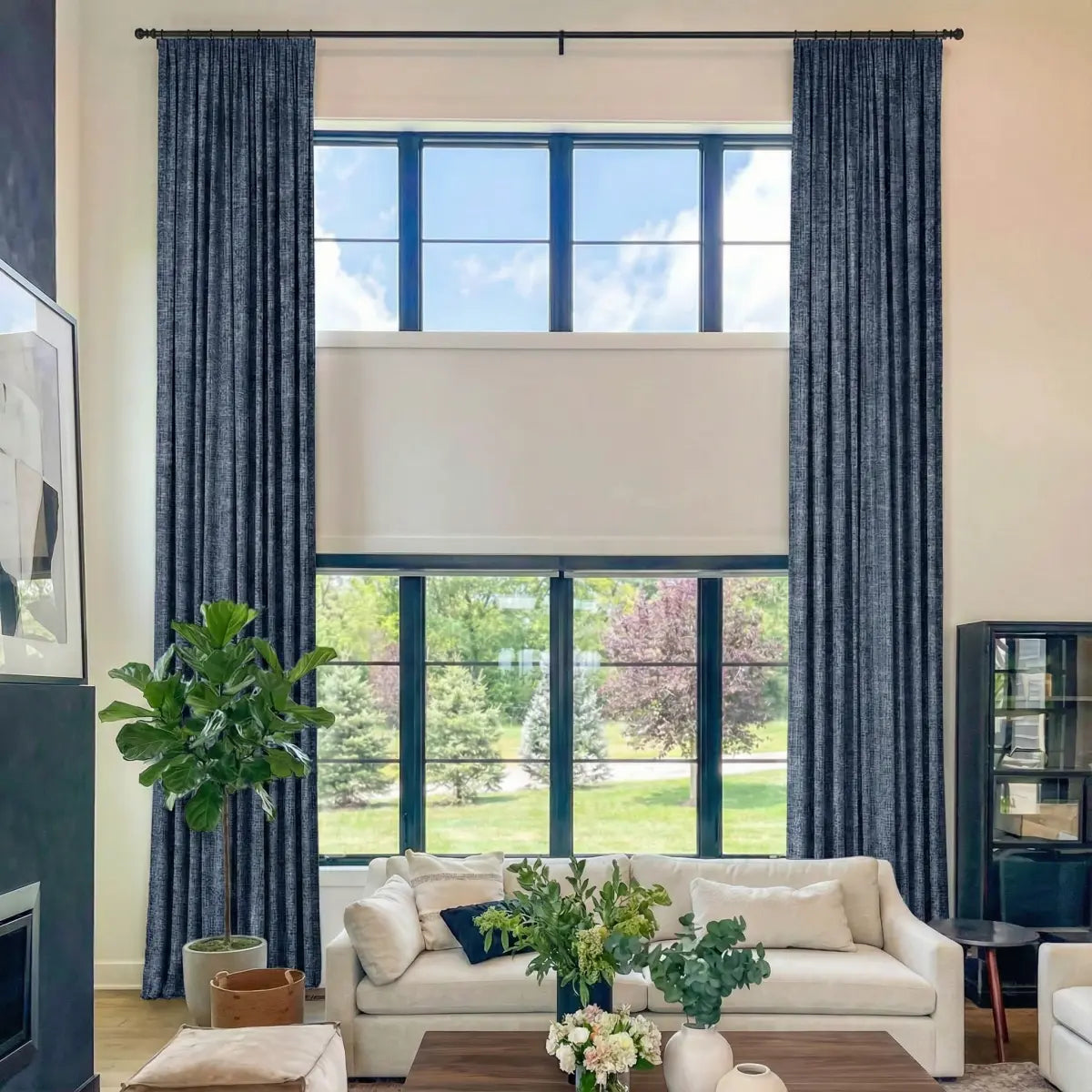 DraperyUS Costom Extra Long 100% Blackout Linen Curtains - Dusty Indigo - A deep, romantic blue with a soft, muted greyish finish.
