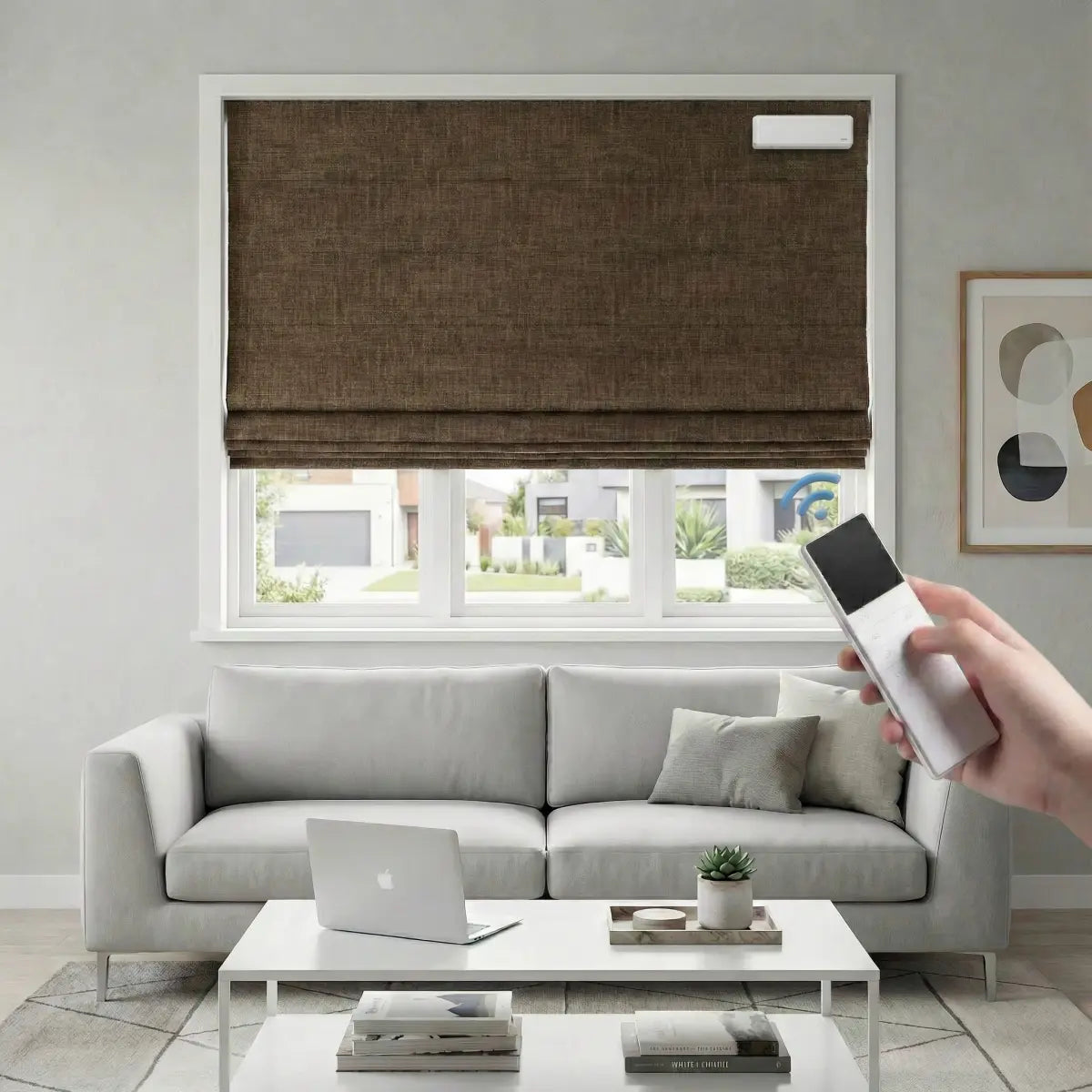 Custom 100% Blackout Motorized Roman Shades, Magnetic Battery-operated, Bamboo Texture.