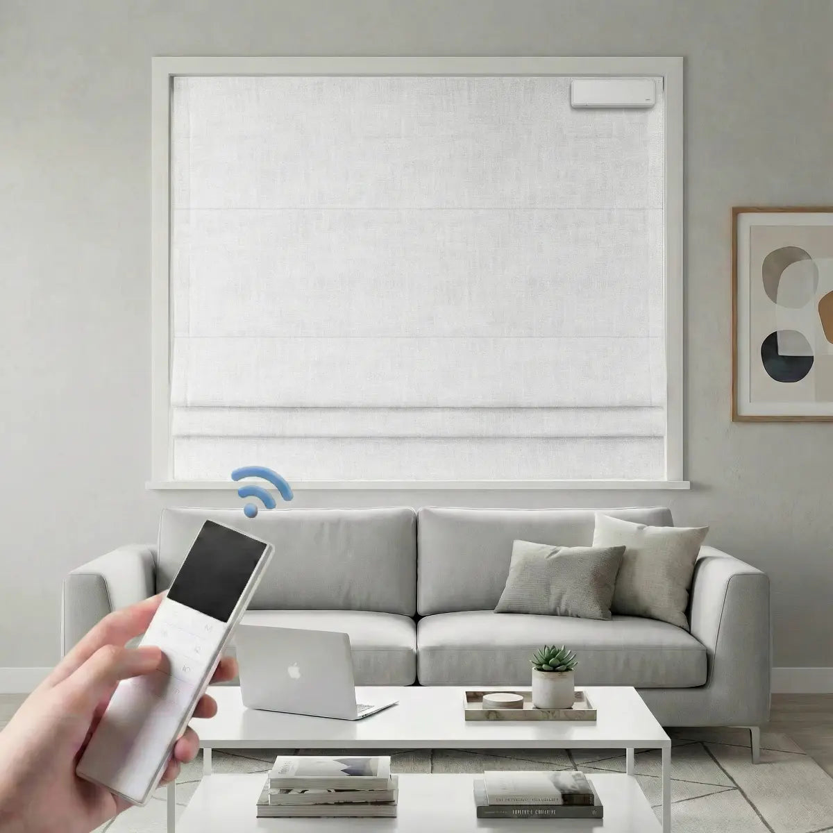 Custom 100% Blackout Motorized Roman Shades, Magnetic Battery-operated, Bamboo Texture.