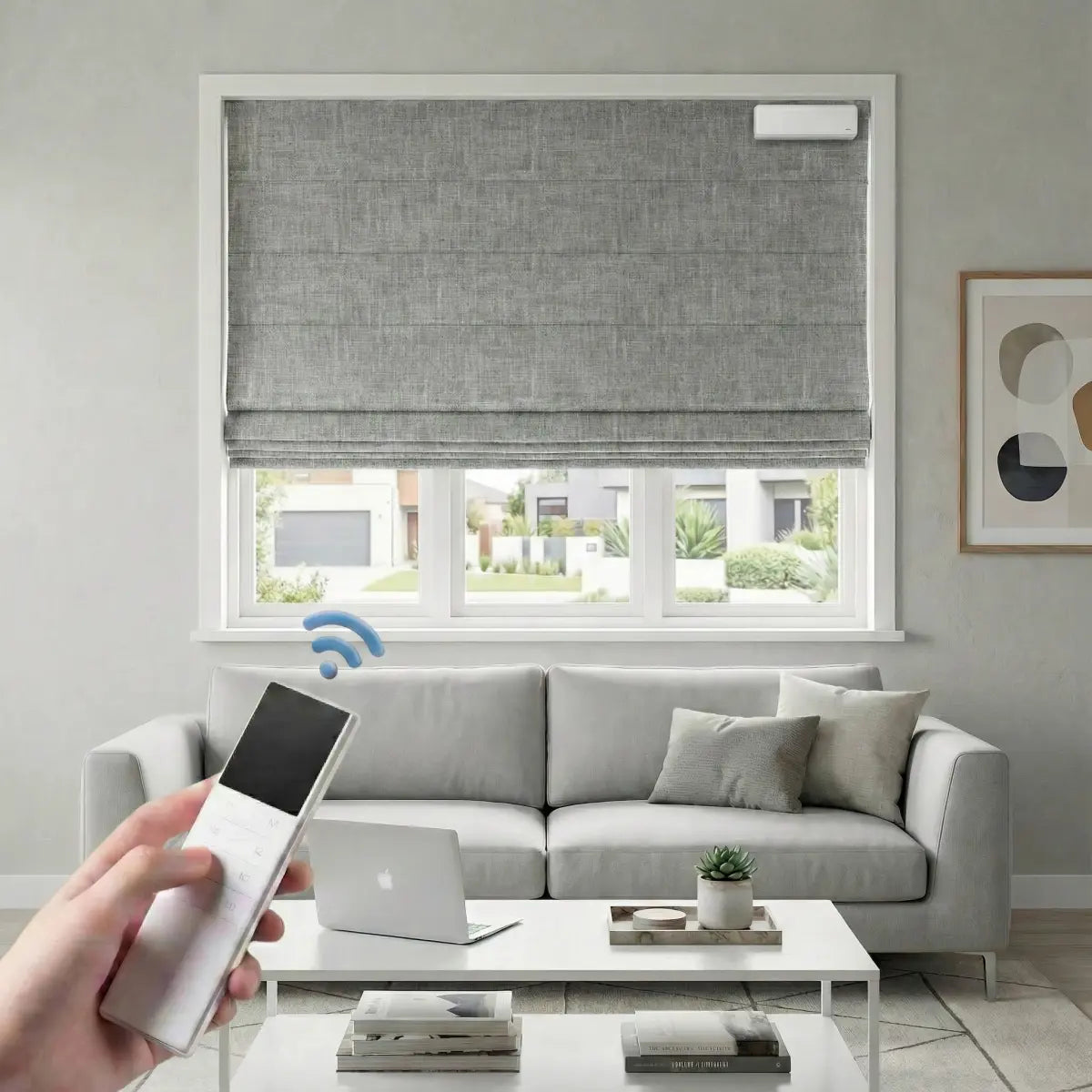 Custom 100% Blackout Motorized Roman Shades, Magnetic Battery-operated, Bamboo Texture.