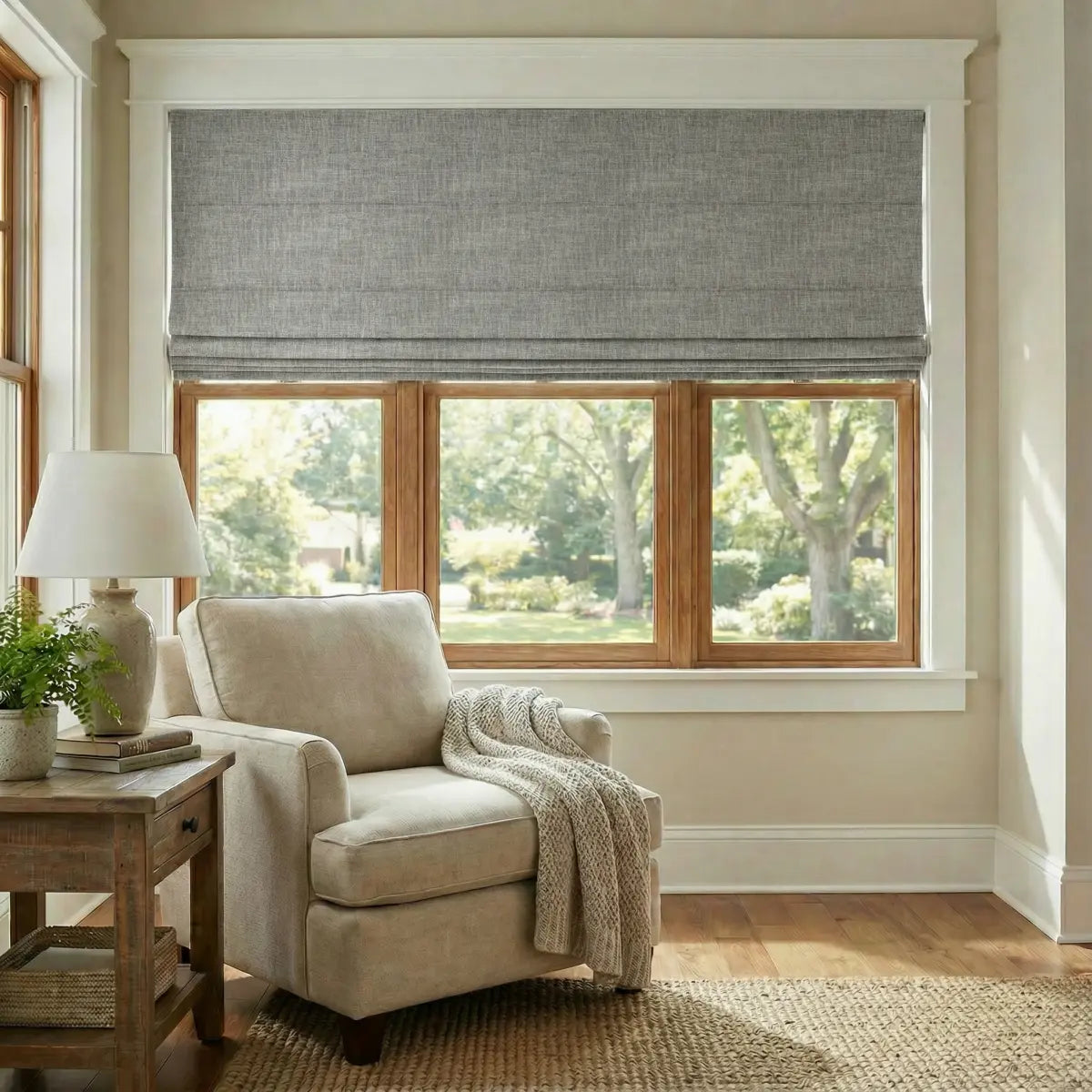 DraperyUS Custom Roman Shades - Ivory Mist - A delicate, warm-toned off-white with a soft misty finish.