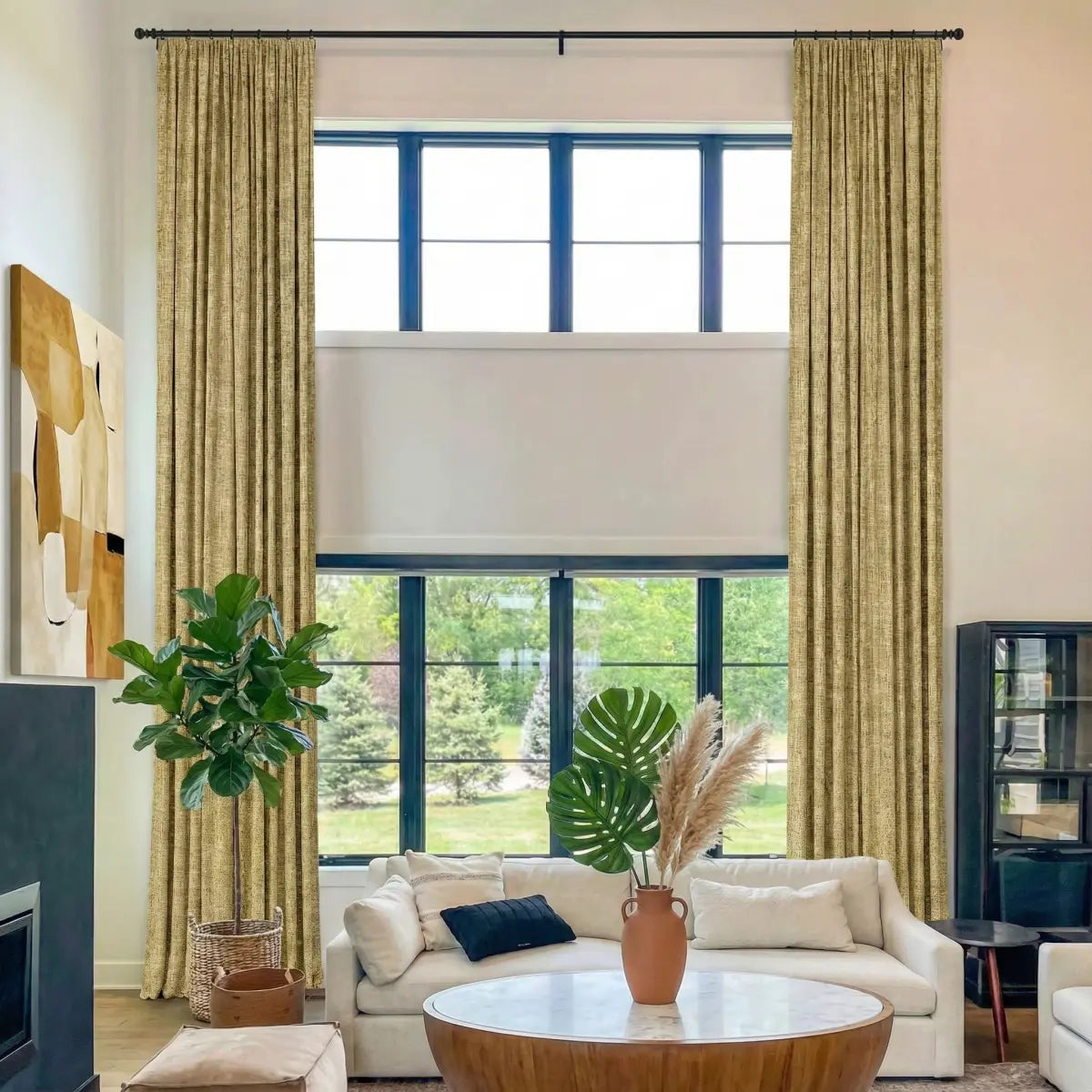 DraperyUS Costom Extra Long 100% Blackout Linen Curtains - Golden Wheat - A warm and inviting yellow reminiscent of sun-drenched fields.