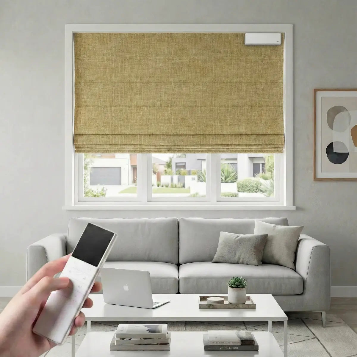 Custom 100% Blackout Motorized Roman Shades, Magnetic Battery-operated, Bamboo Texture.