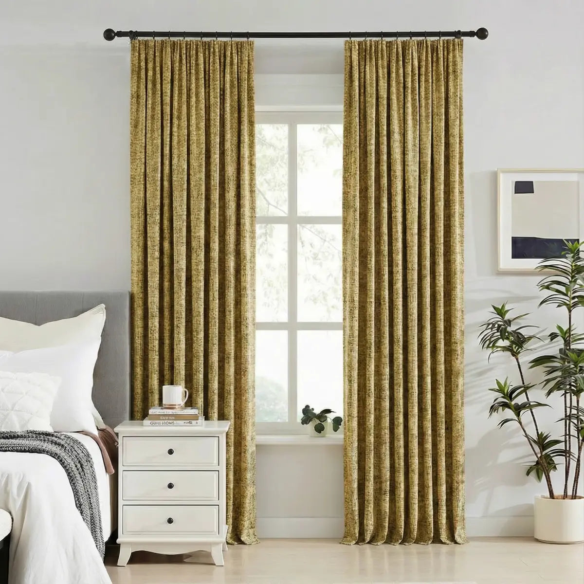DraperyUS Custom 100% Blackout Linen Curtains - Golden Wheat - A warm and inviting yellow reminiscent of sun-drenched fields.