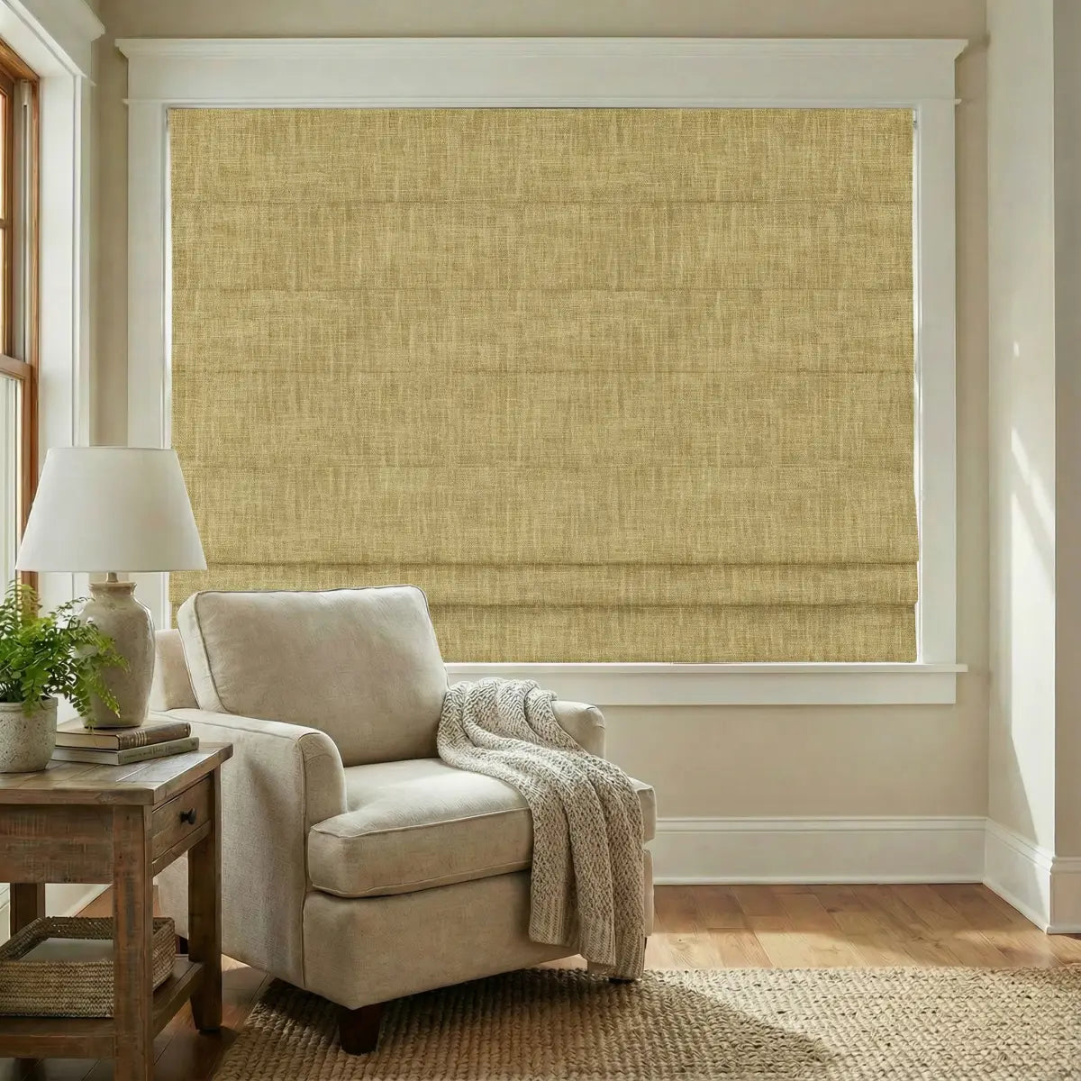 DraperyUS Custom Roman Shades - Golden Wheat - A warm and inviting yellow reminiscent of sun-drenched fields.