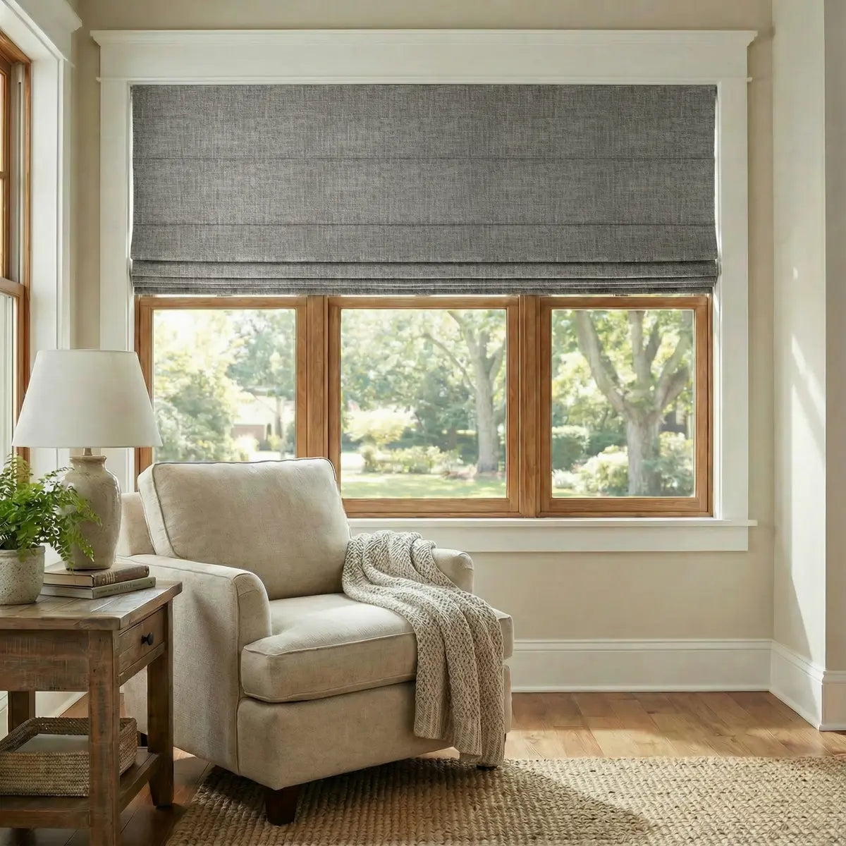 DraperyUS Custom Roman Shades - Silver Drift - A sleek and luminous light grey with subtle metallic undertones.