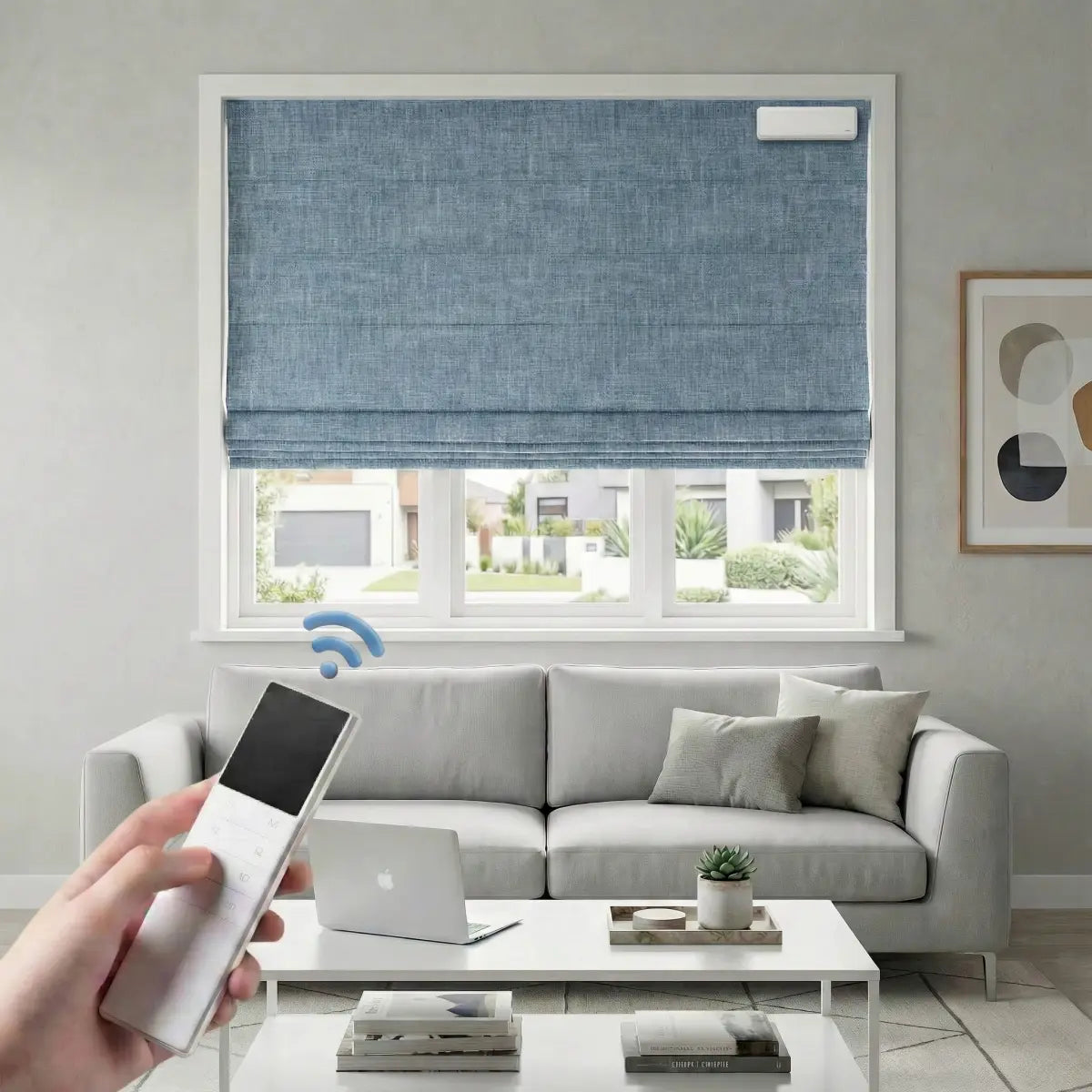 Custom 100% Blackout Motorized Roman Shades, Magnetic Battery-operated, Bamboo Texture.