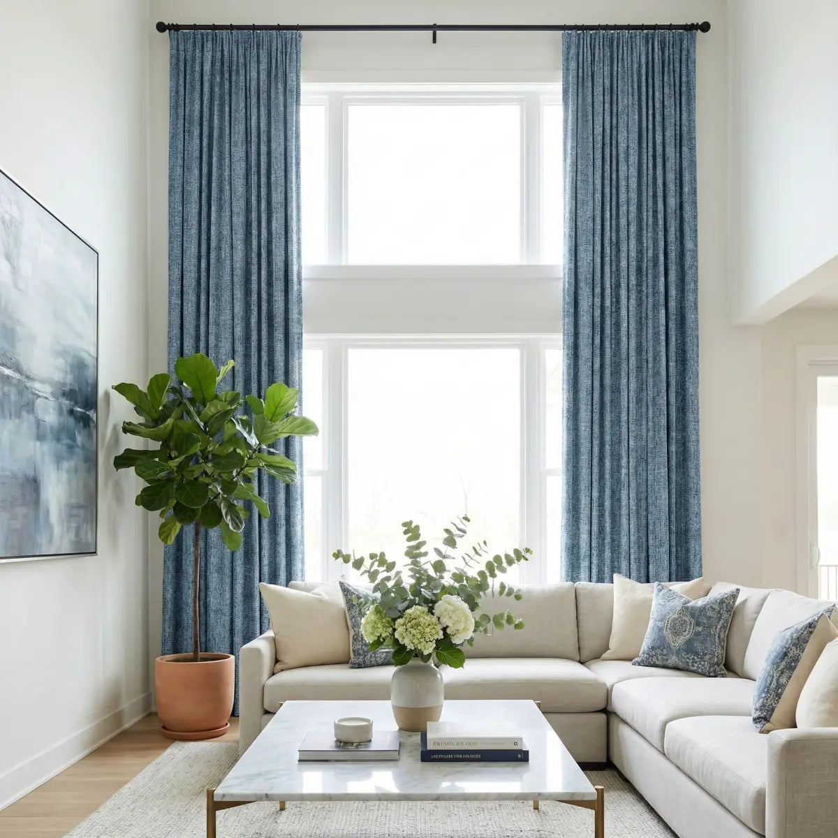 DraperyUS Costom Extra Long 100% Blackout Linen Curtains - Sky Blue - A refreshing and clear blue that brings the outdoors in.