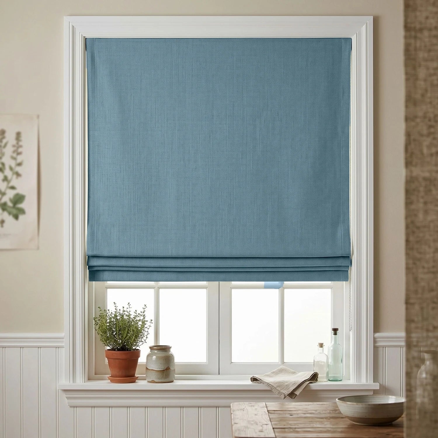 Custom Roman Shade - Blue in room