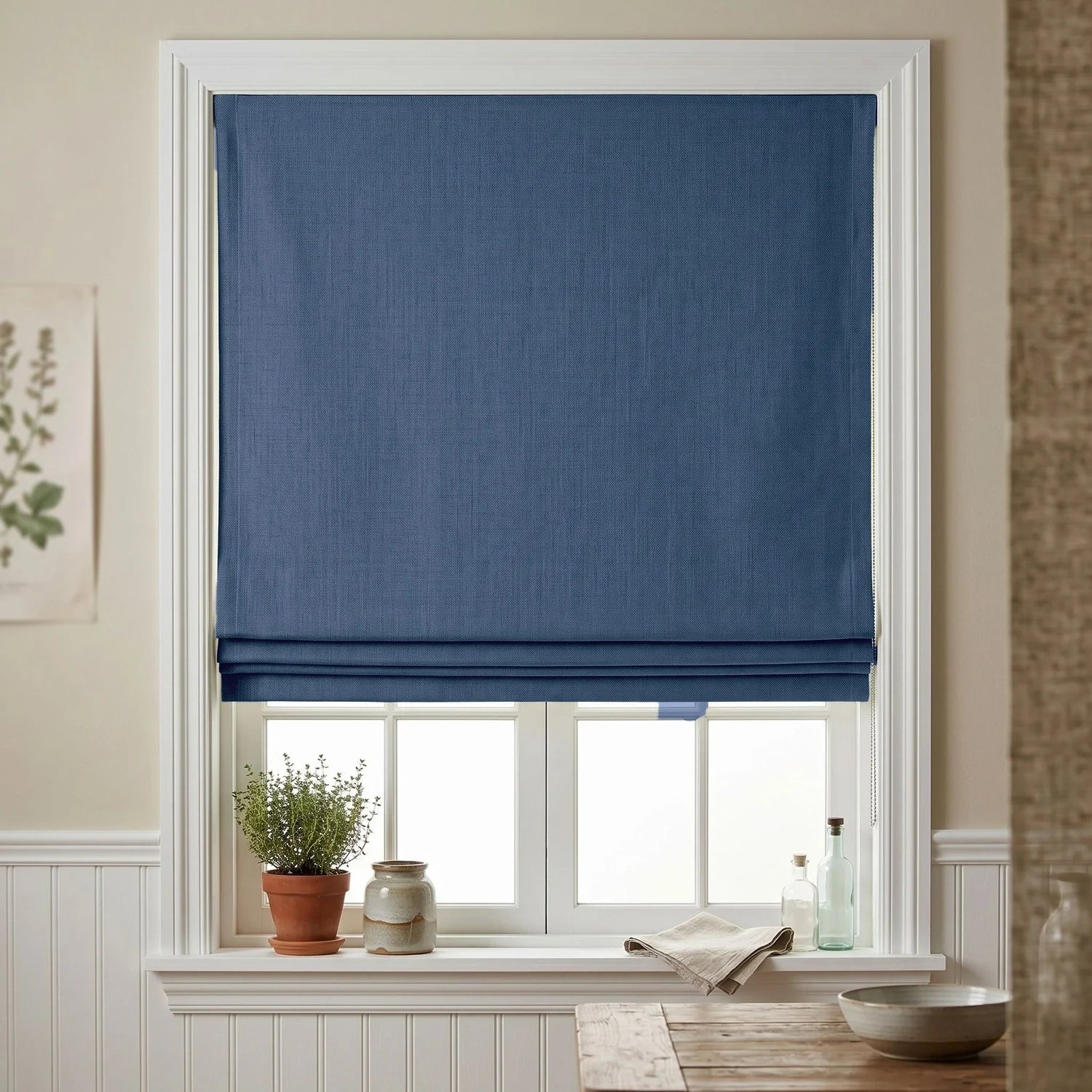Custom Roman Shade - Deep Blue in room