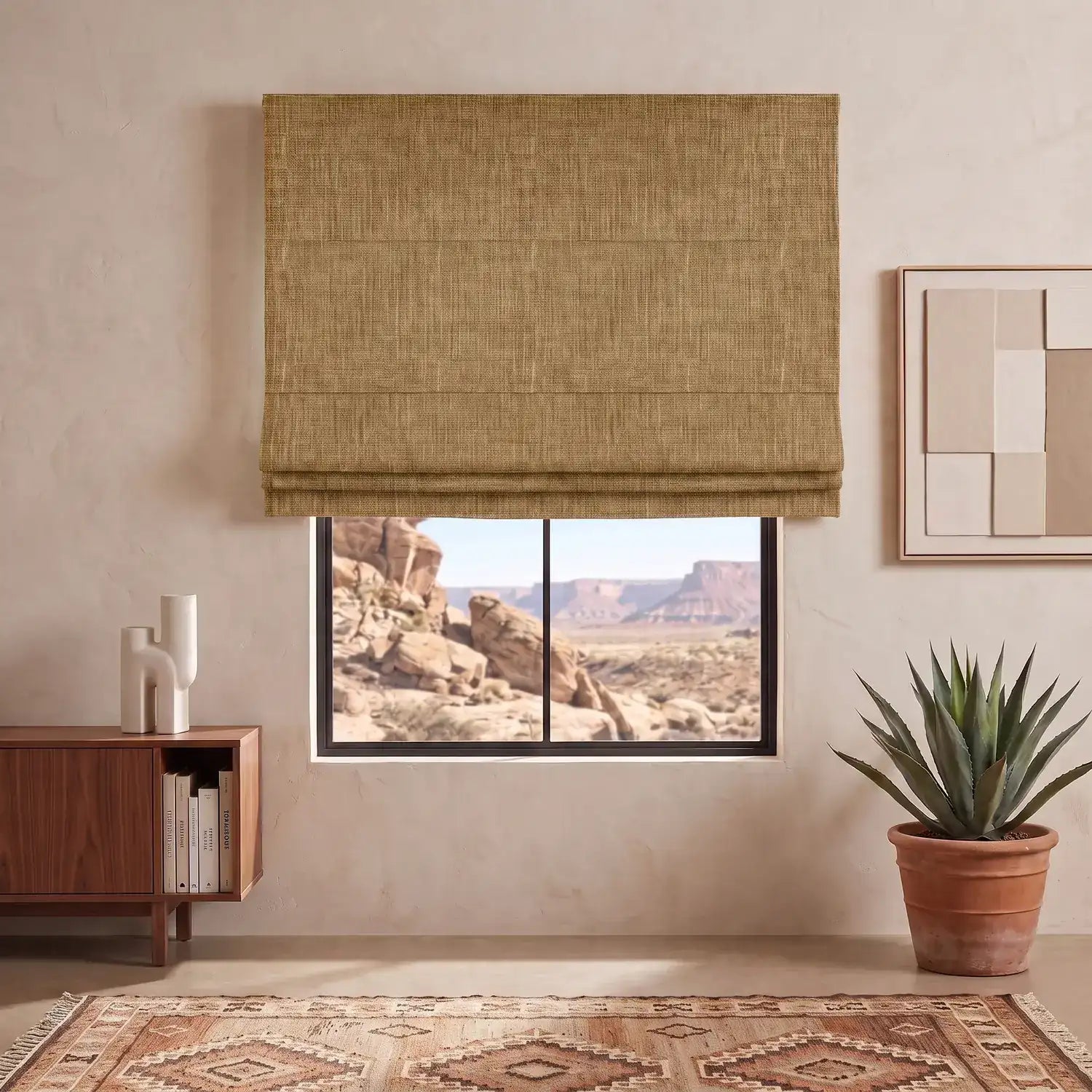 Custom Roman Shade - Caramel Brown in room