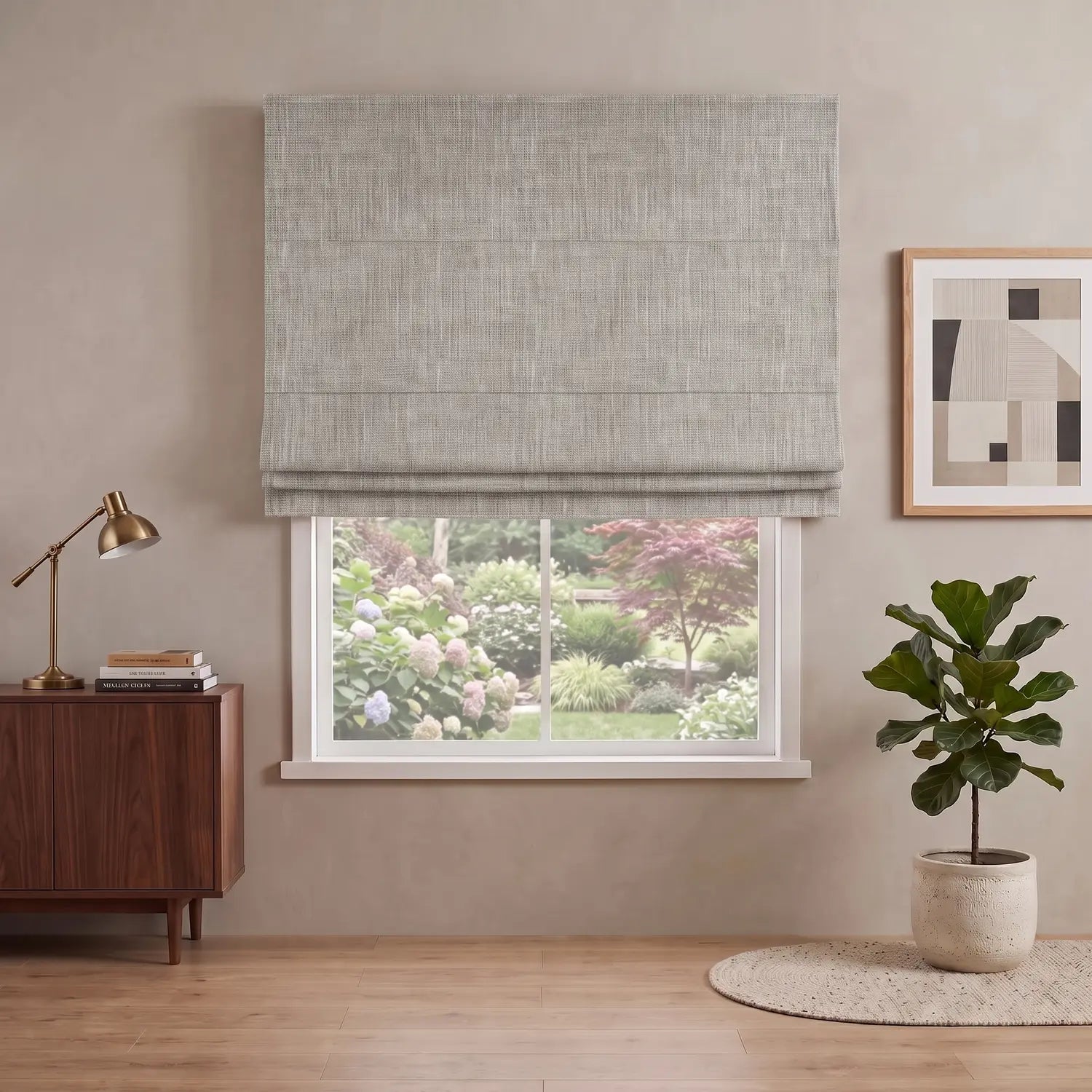 Custom Roman Shade - Oat Beige in room