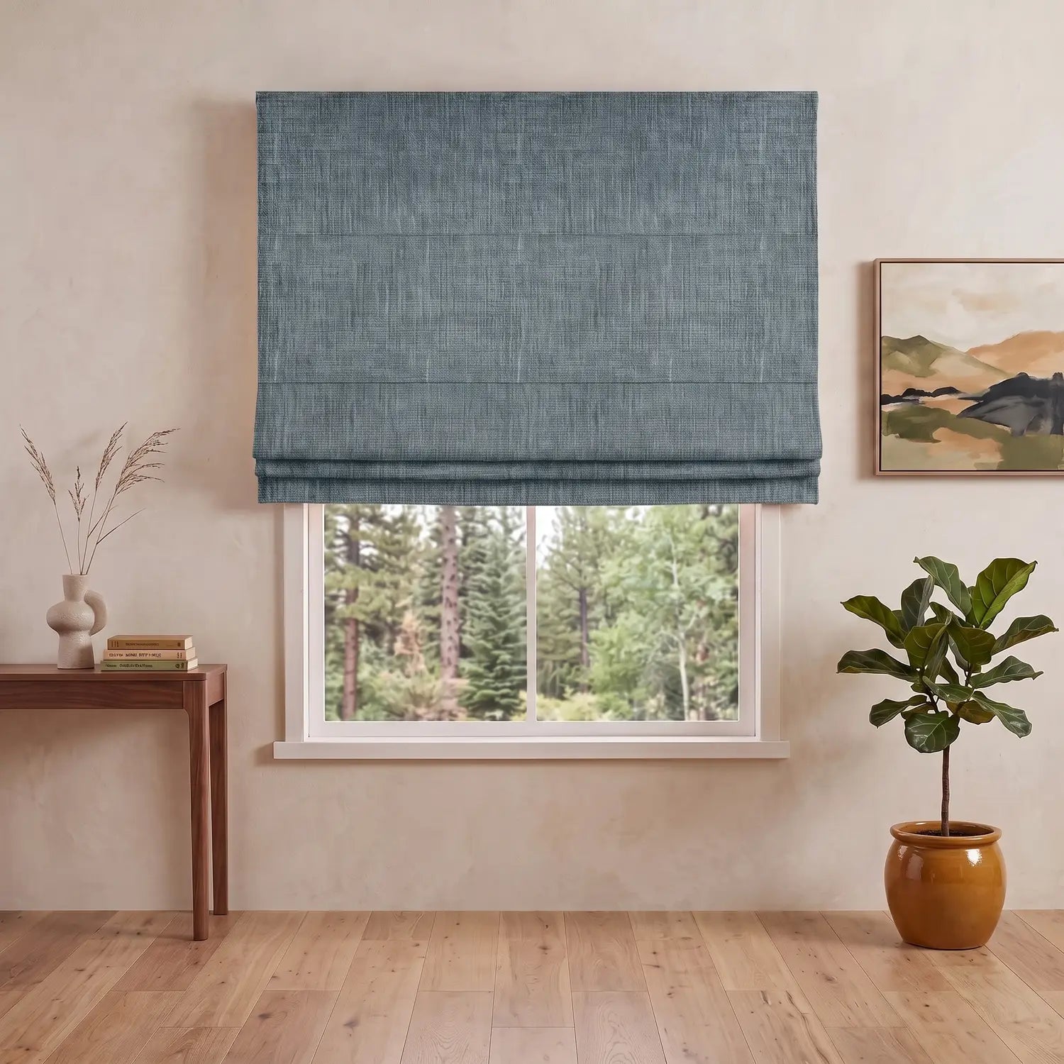 Custom Roman Shade - Powder Blue in room