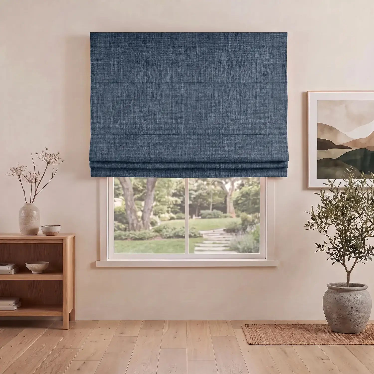 Custom Roman Shade - Dusty Blue in room