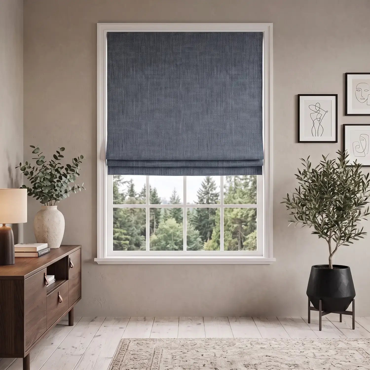 Custom Roman Shade - Sky Blue in room