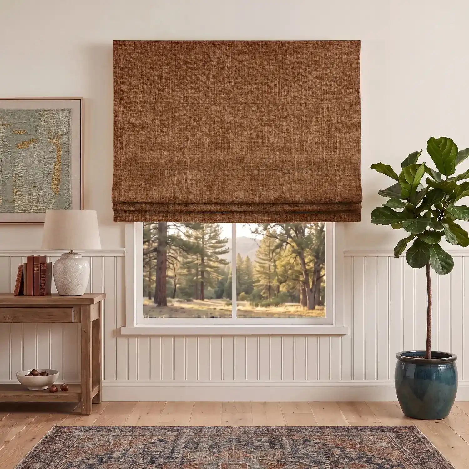 Custom Roman Shade - Mocha Brown in room