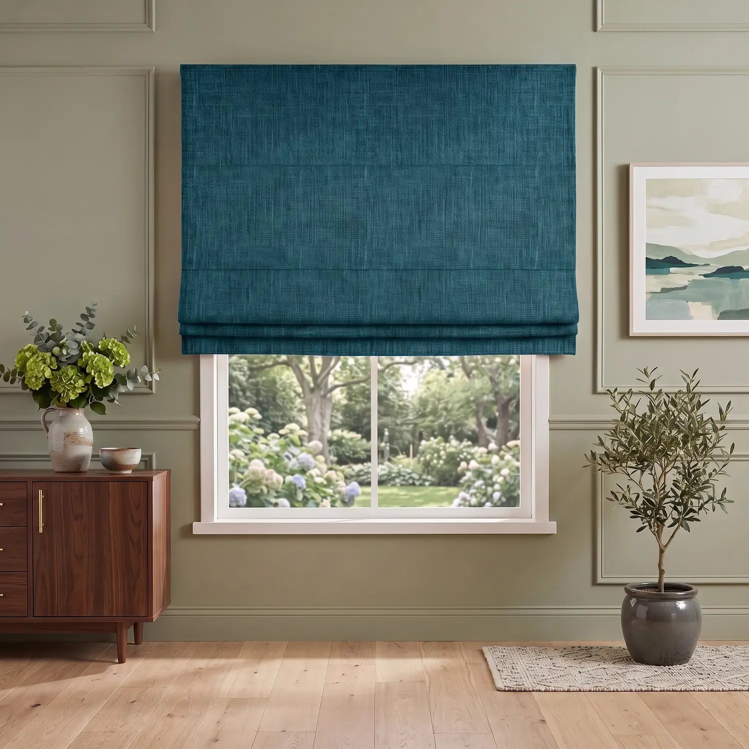 Custom Roman Shade - Aqua Mist in room