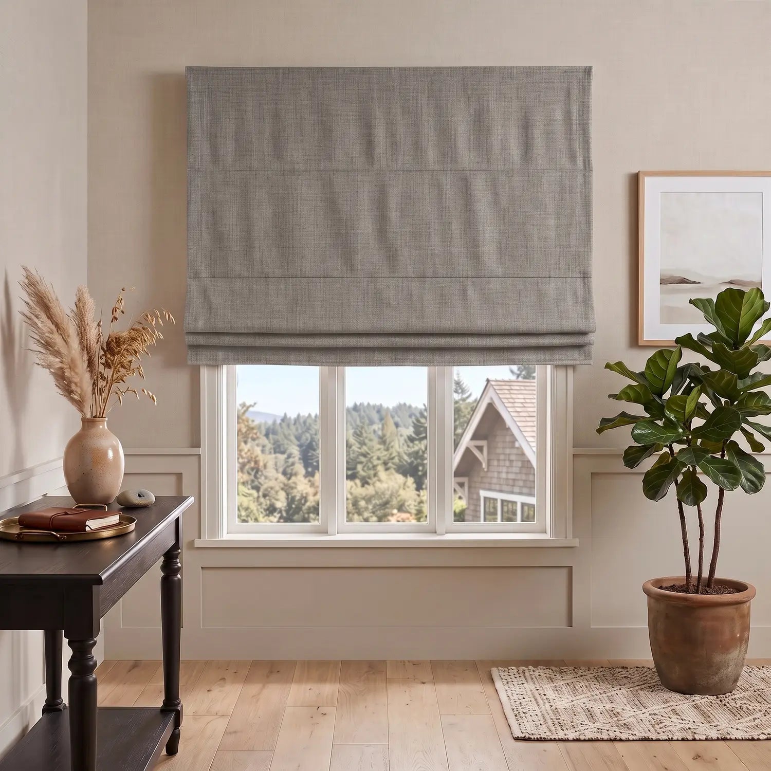 Custom Roman Shade - Sand Beige in room