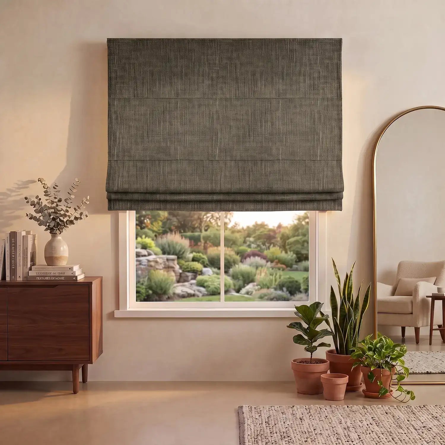 Custom Roman Shade - Clay Taupe in room