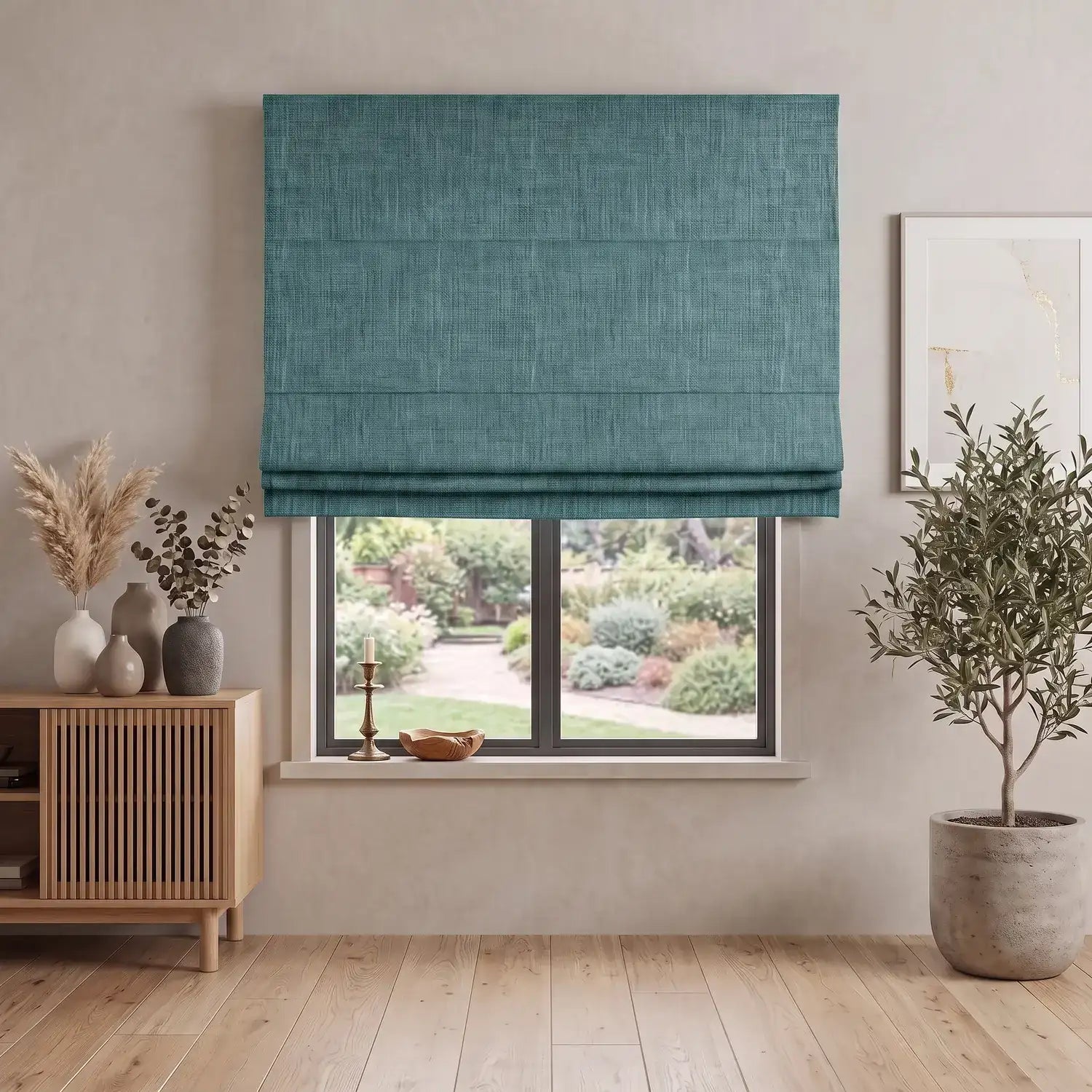 Custom Roman Shade - Sea Teal in room