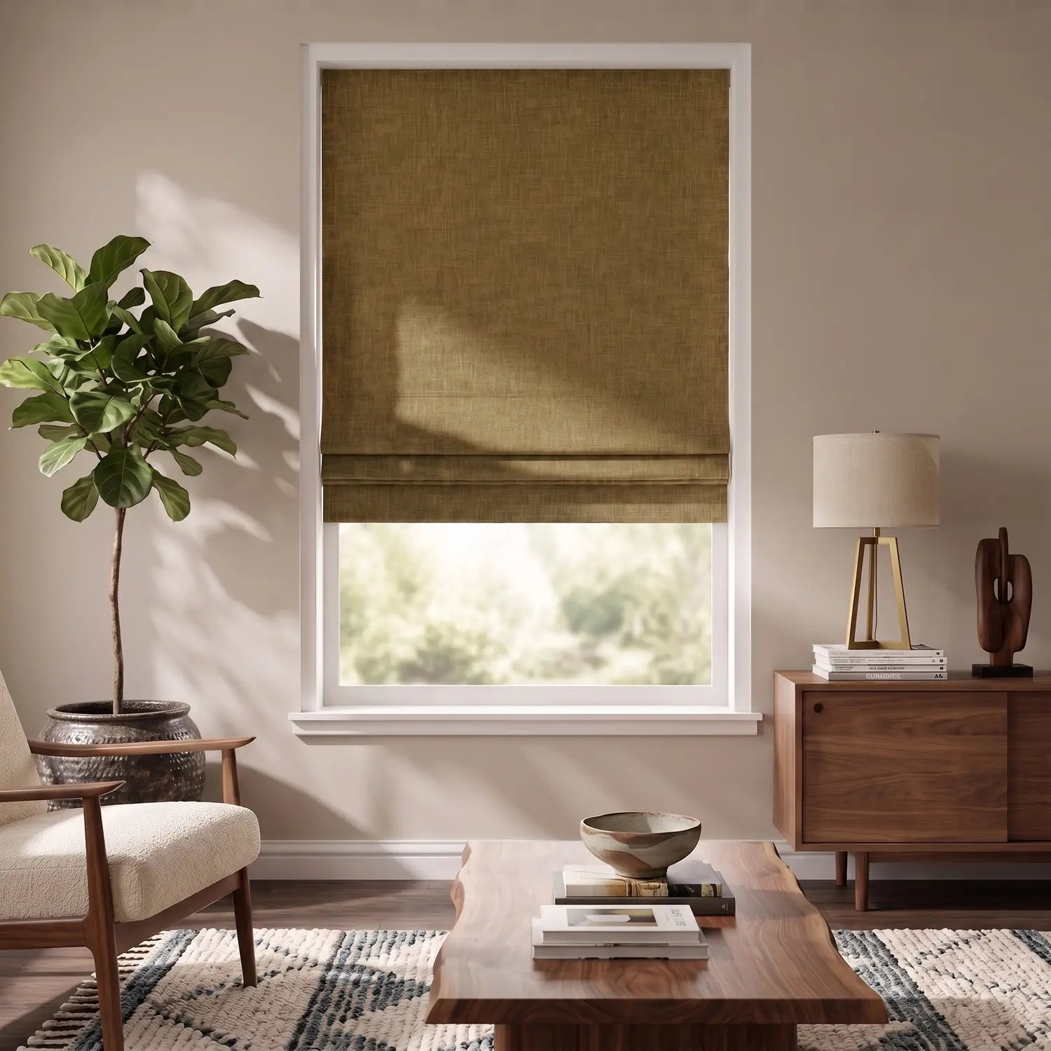 Custom Roman Shade - Caramel Brown in room