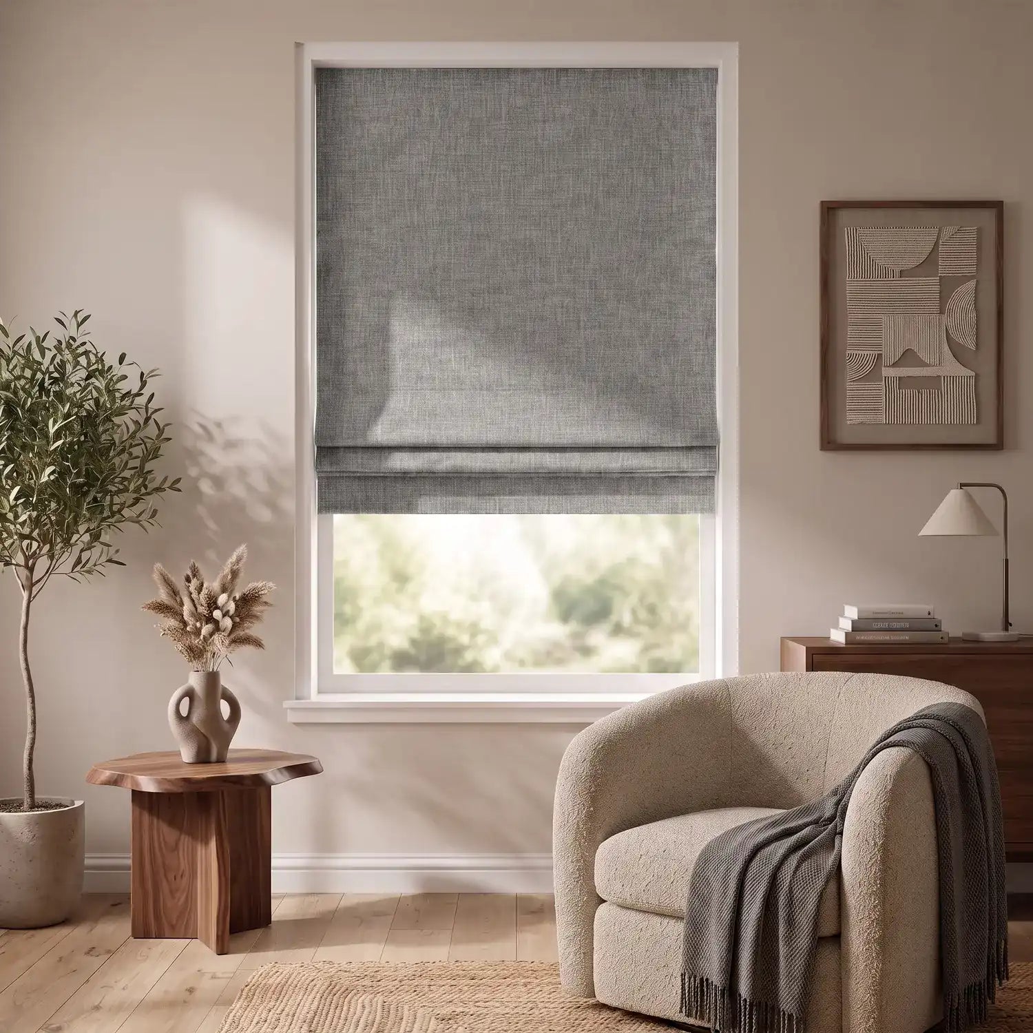 Custom Roman Shade - Pearl Grey in room
