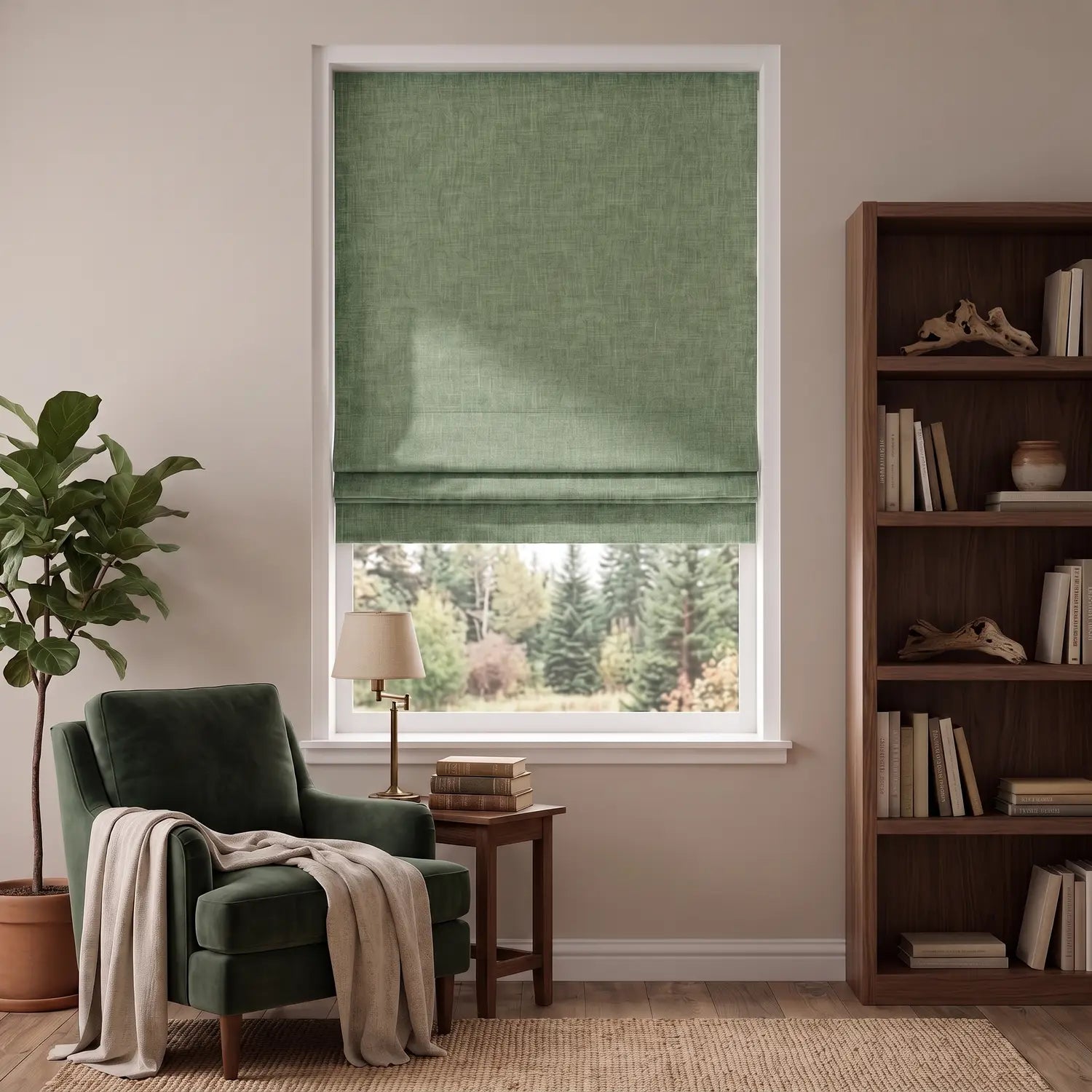 Custom Roman Shade - Pale Sage in room