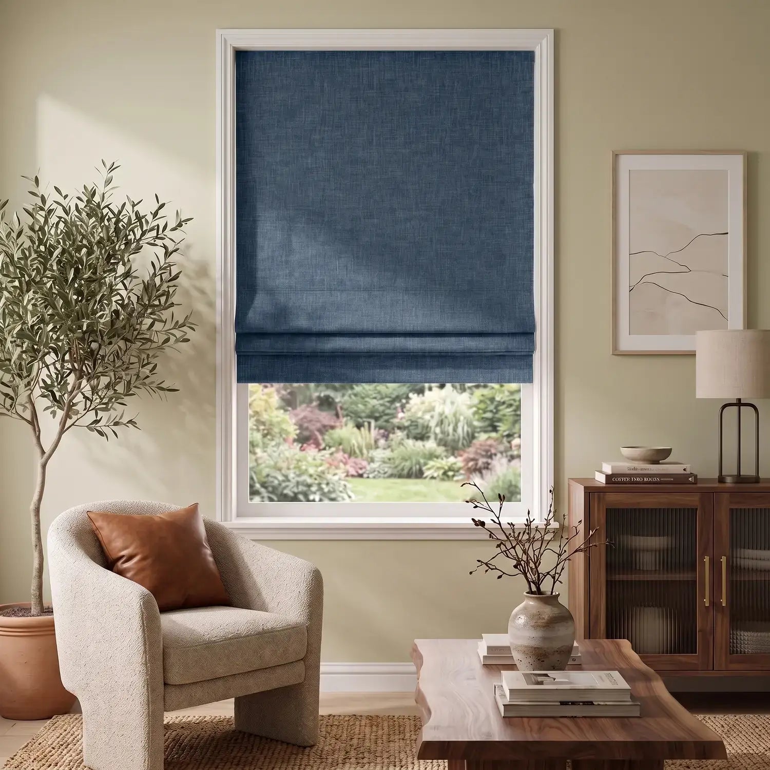 Custom Roman Shade - Dusty Blue in room