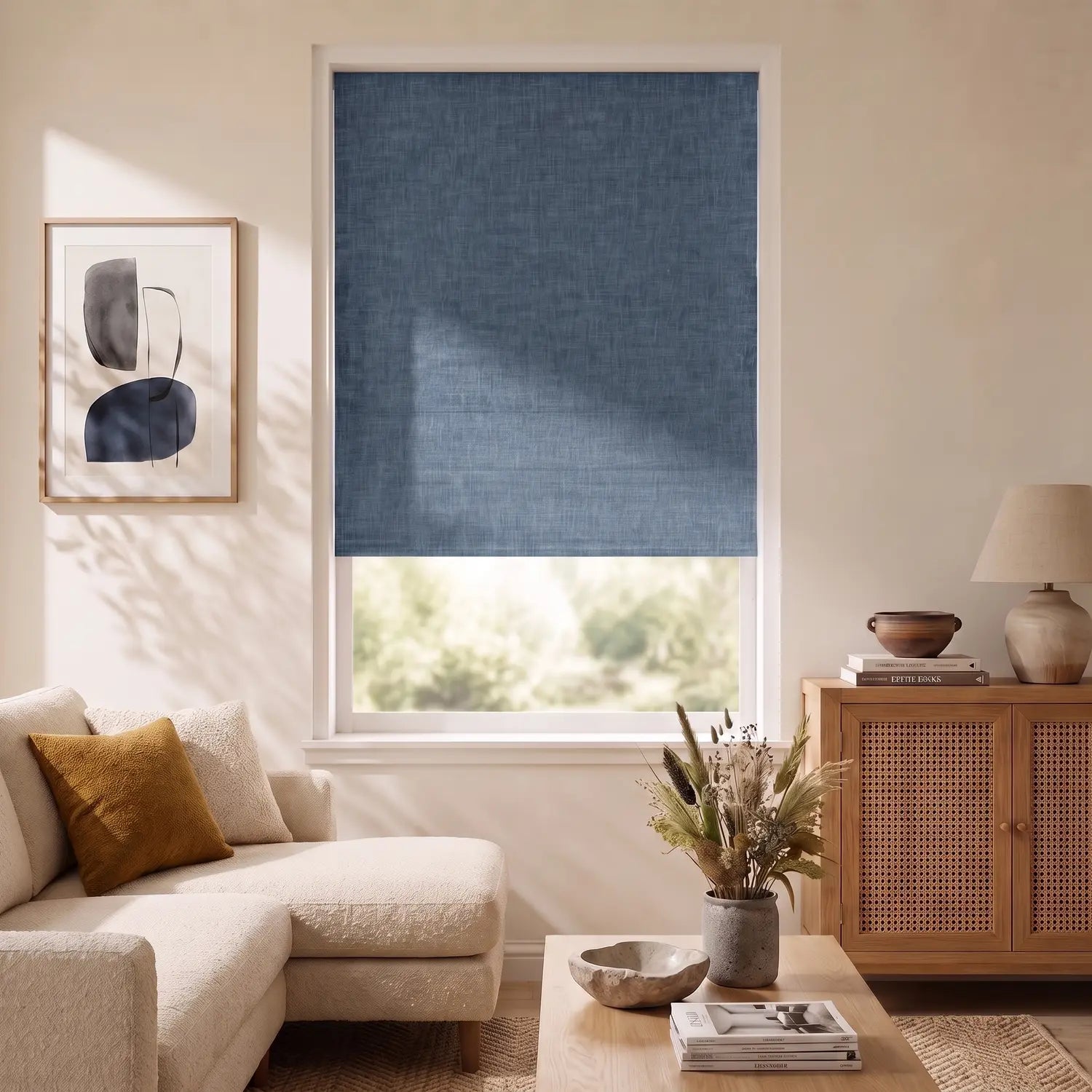 Custom Roman Shade - Sky Blue in room