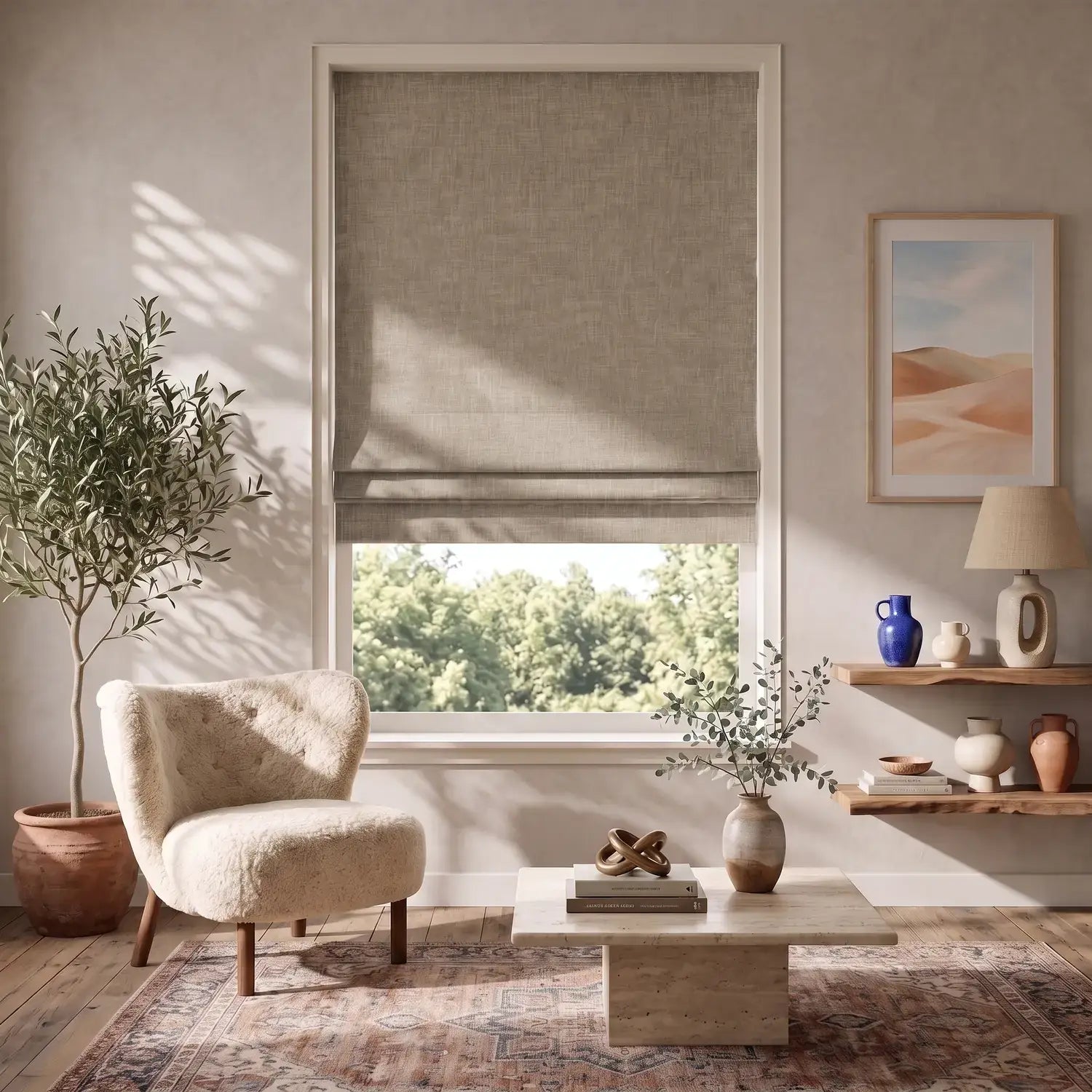 Custom Roman Shade - Sand Beige in room