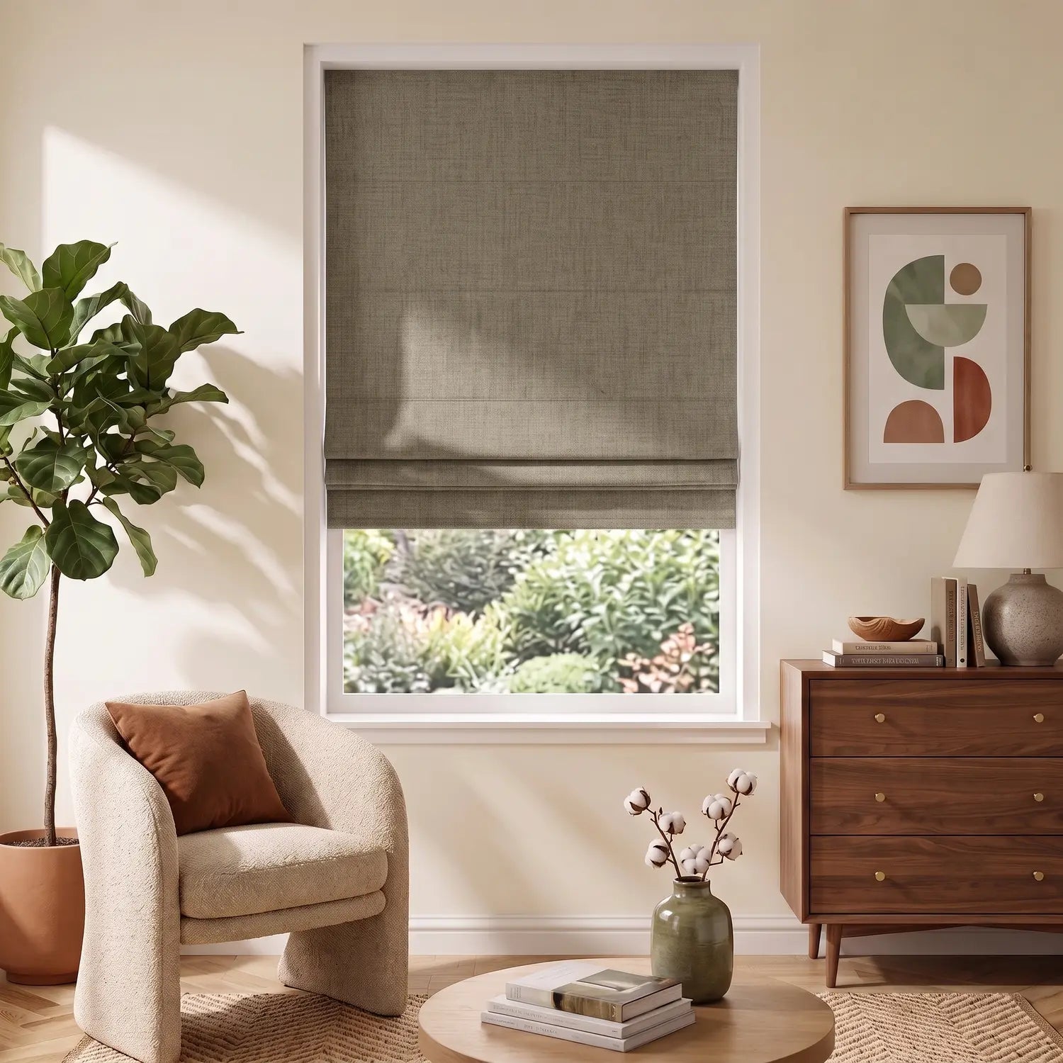 Custom Roman Shade - Latte Brown in room