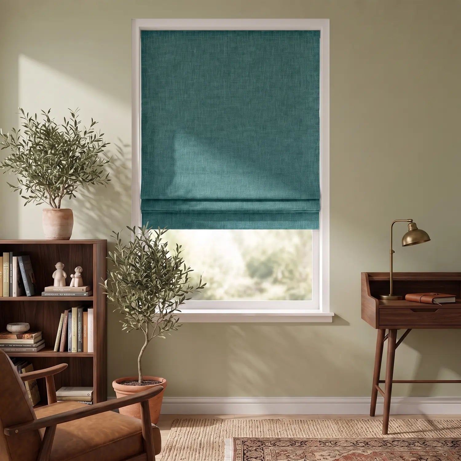 Custom Roman Shade - Sea Teal in room