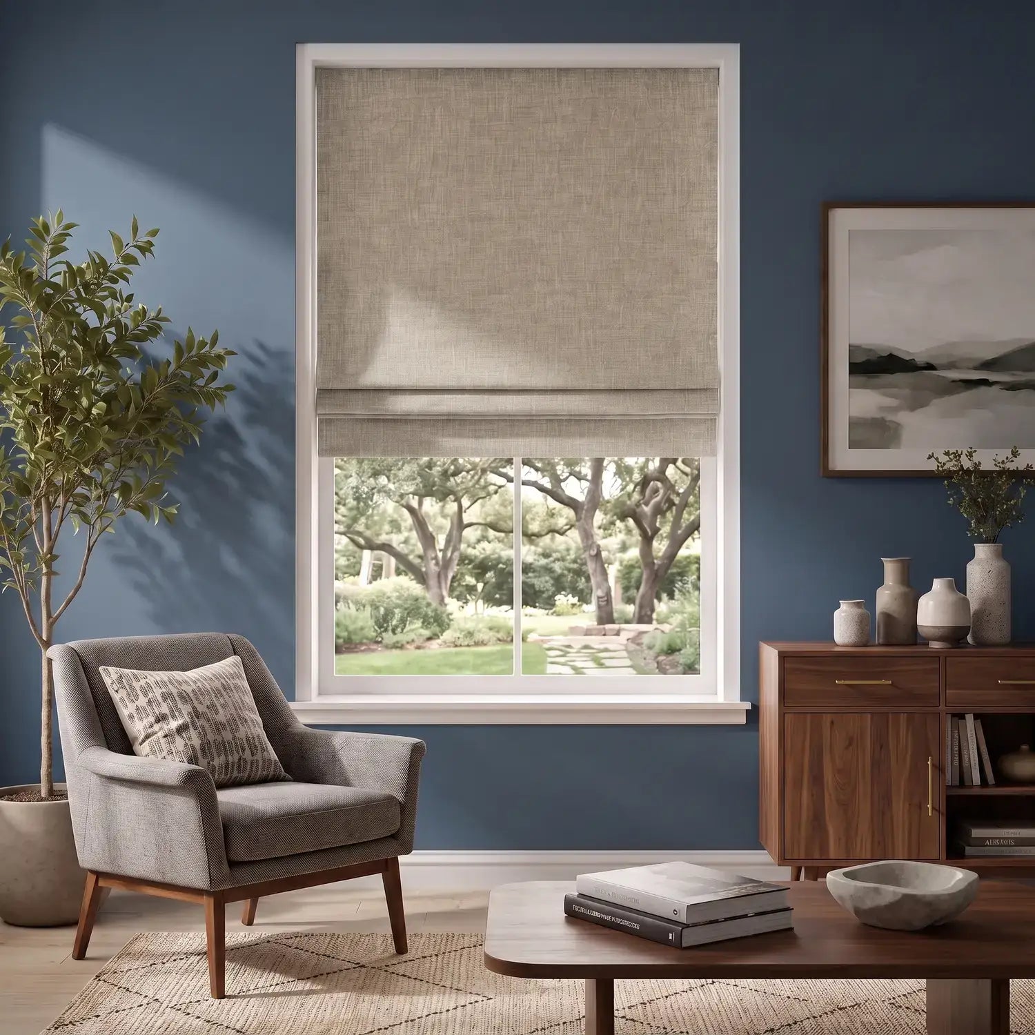 Custom Roman Shade - Linen White in room