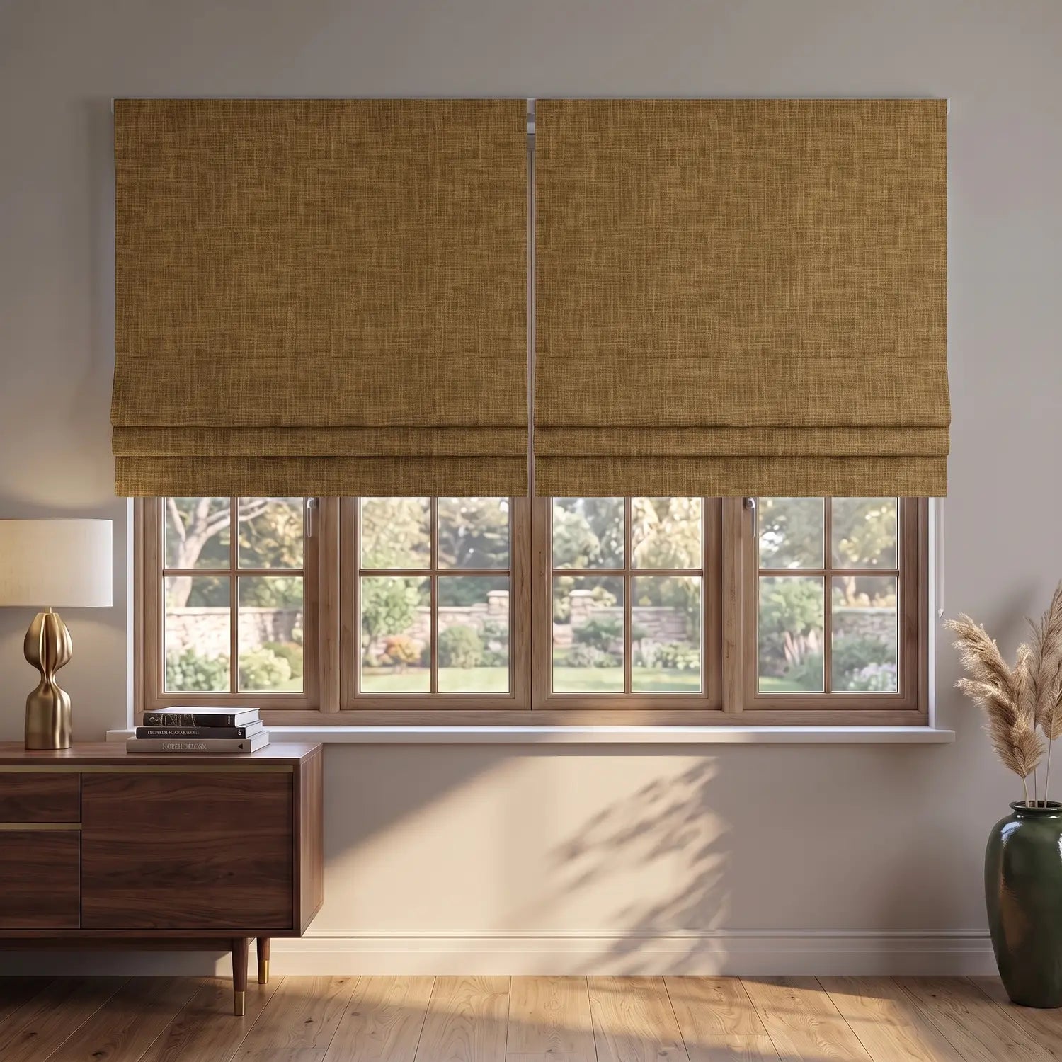 Custom Roman Shade - Caramel Brown in room