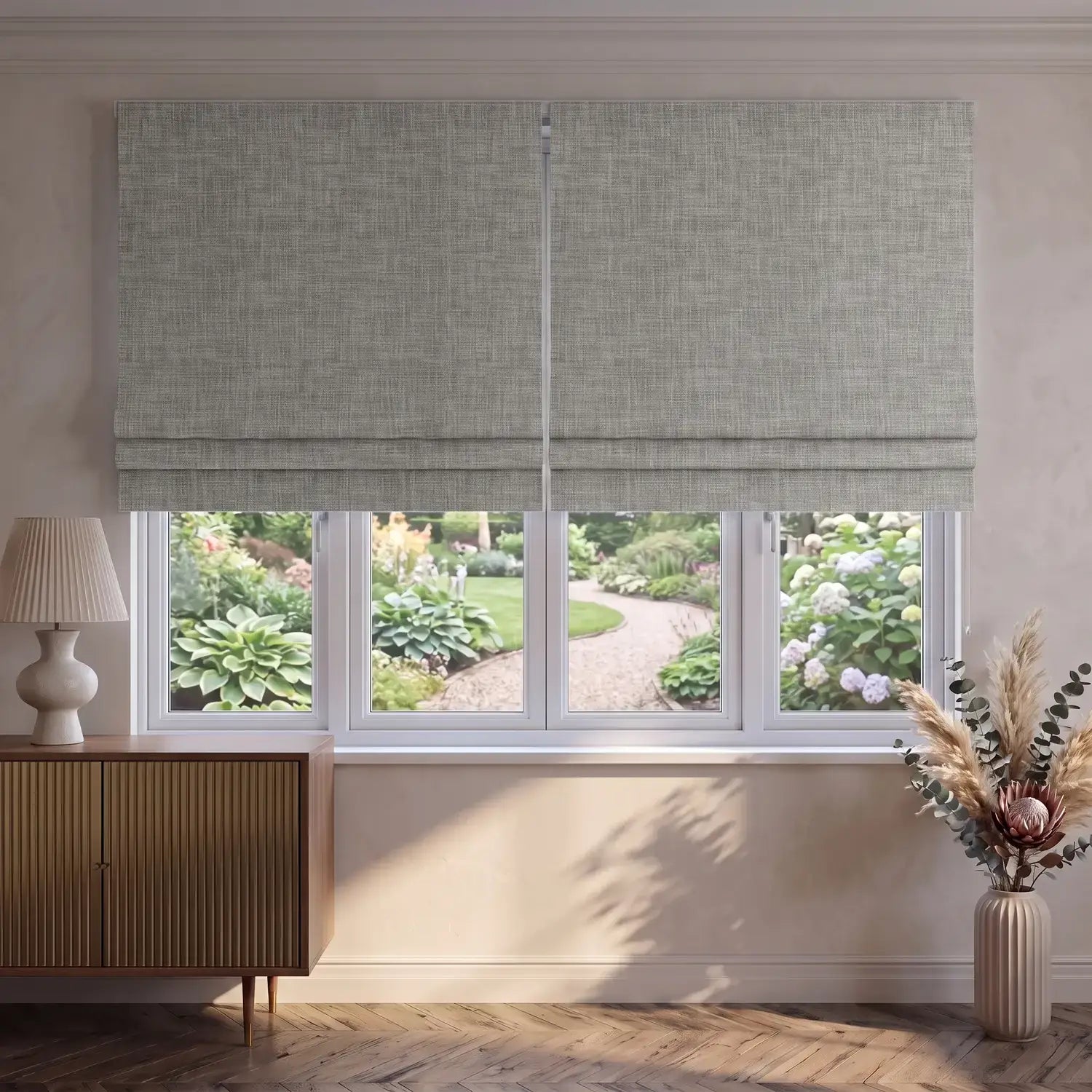 Custom Roman Shade - Oat Beige in room