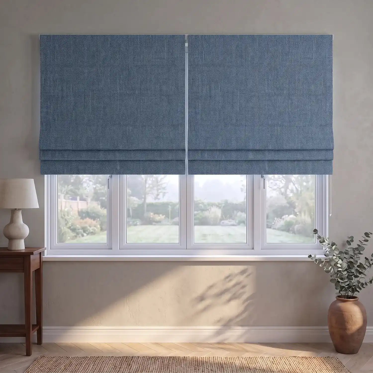 Custom Roman Shade - Sky Blue in room