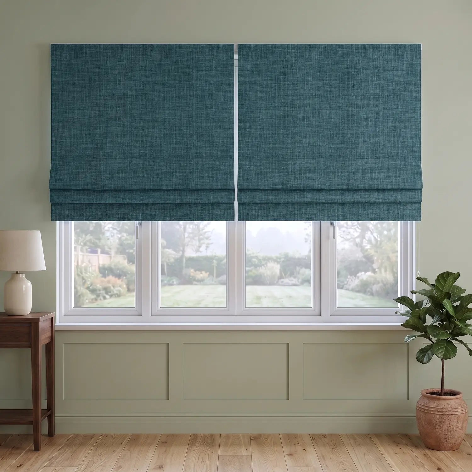 Custom Roman Shade - Aqua Mist in room