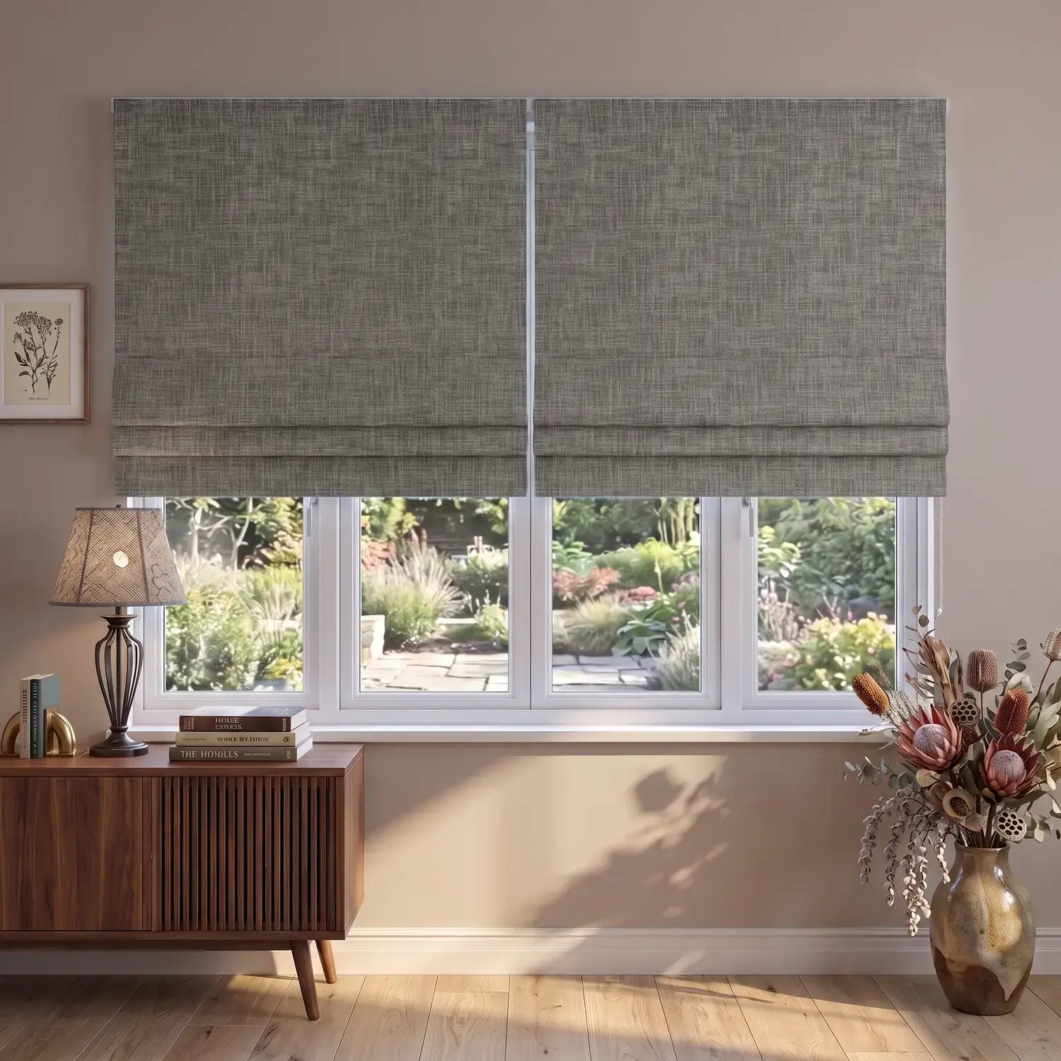 Custom Roman Shade - Warm Taupe in room