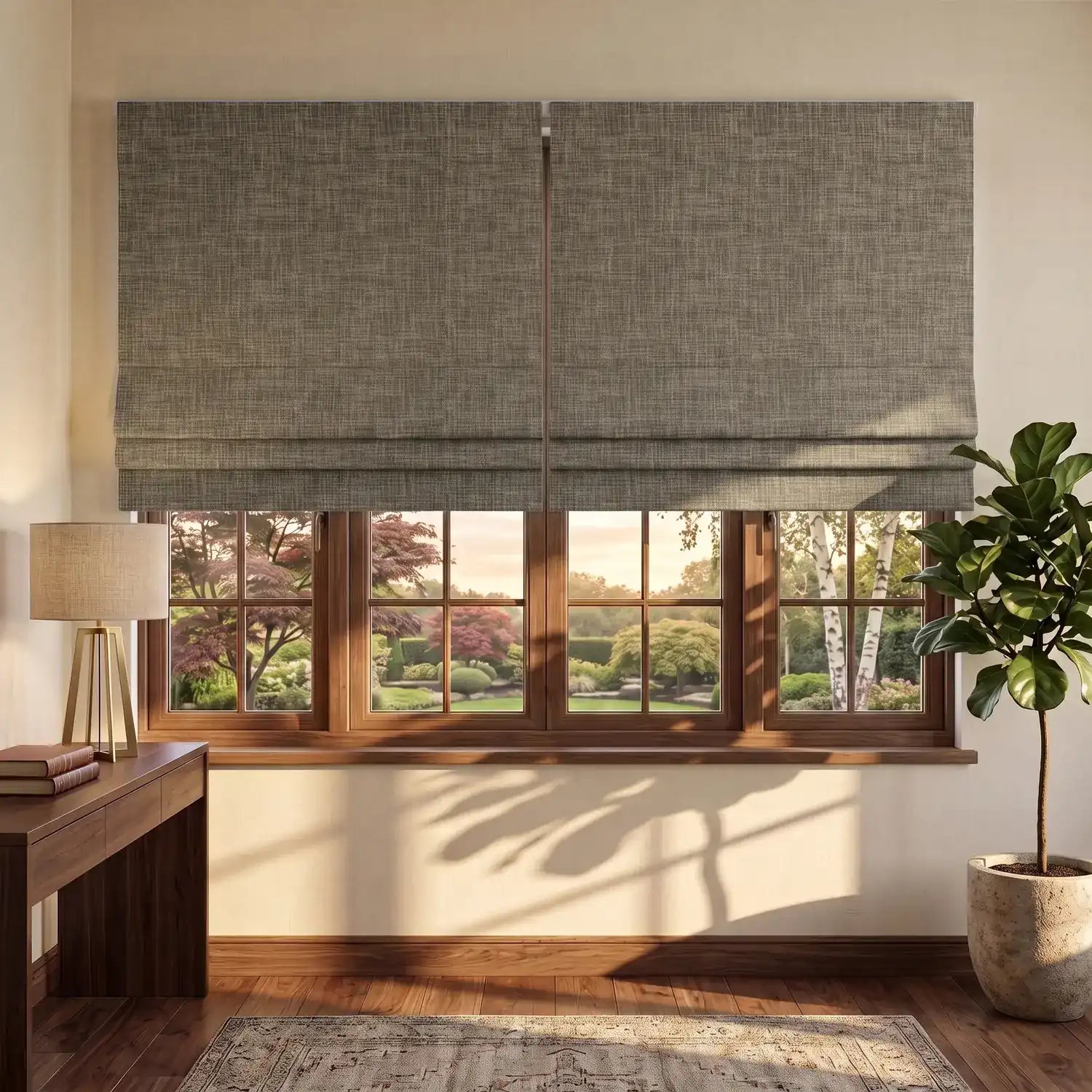 Custom Roman Shade - Latte Brown in room
