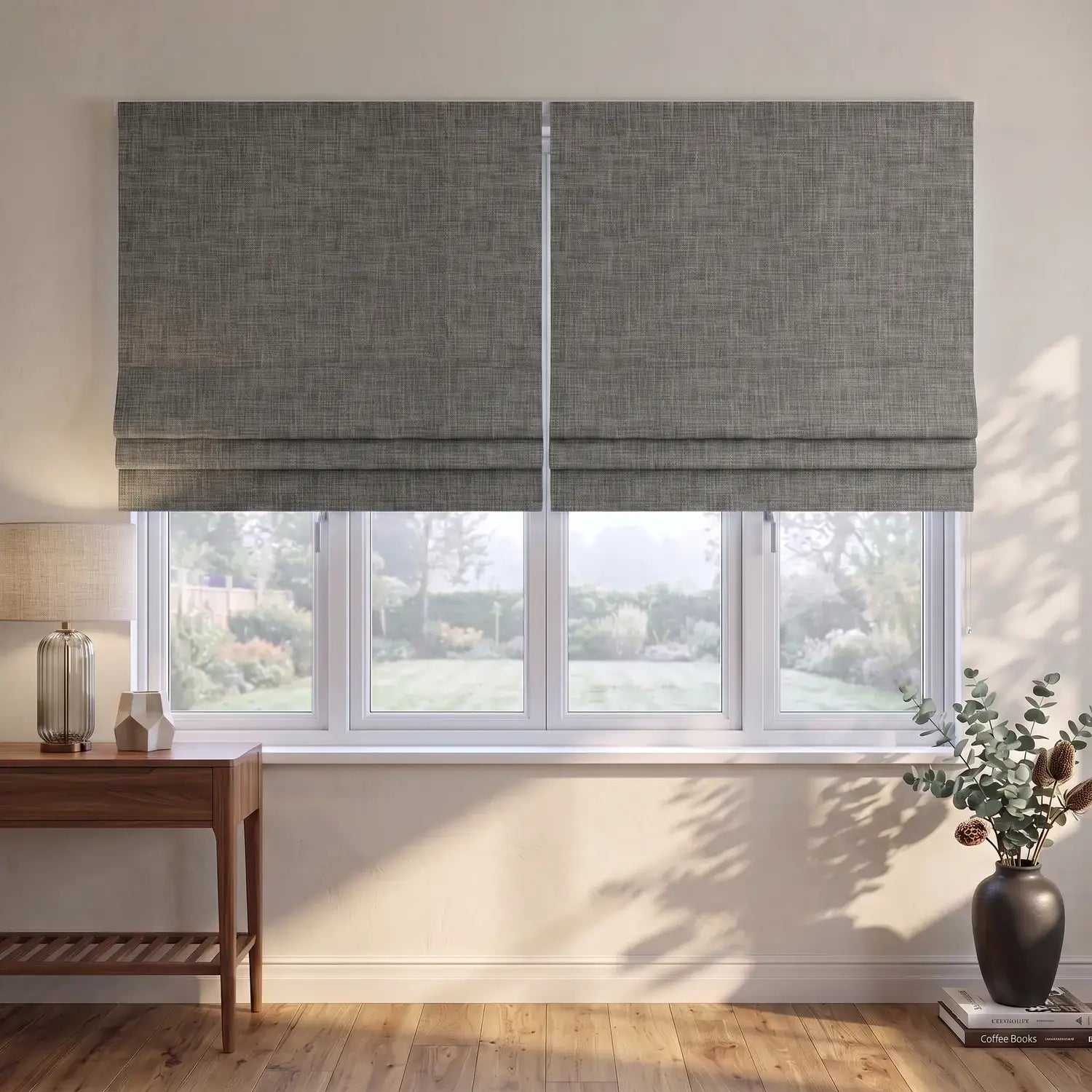 Custom Roman Shade - Silver Grey in room